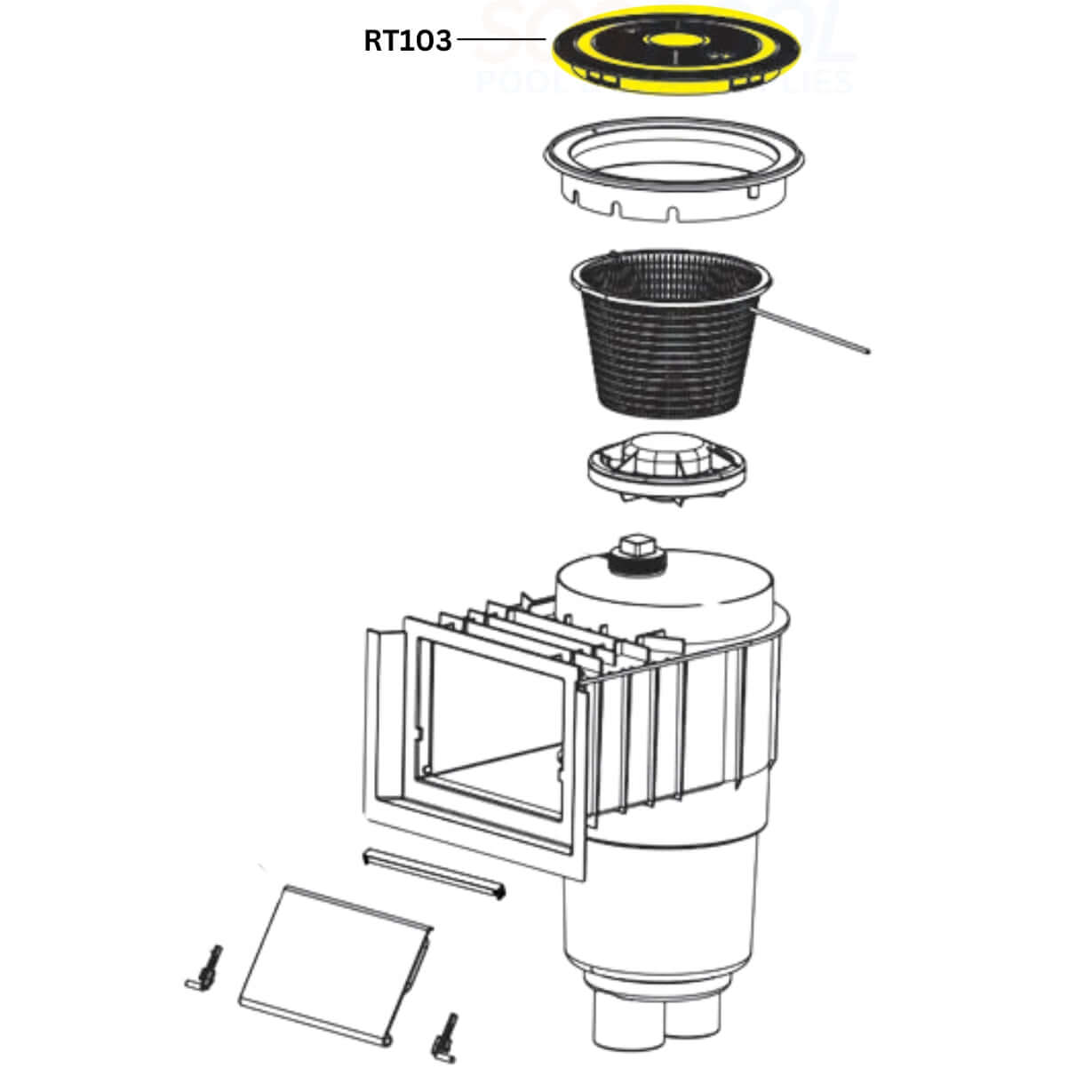 AquaStar RT103 light gray round skimmer lid parts diagram, compatible with SOS Pool and standard skimmer collars.