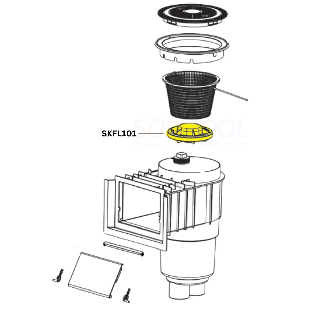 AquaStar Skimmer Float Assembly SKFL101 parts diagram for FlowStar; includes filter and O-ring for optimal pool performance. SOS Pool.