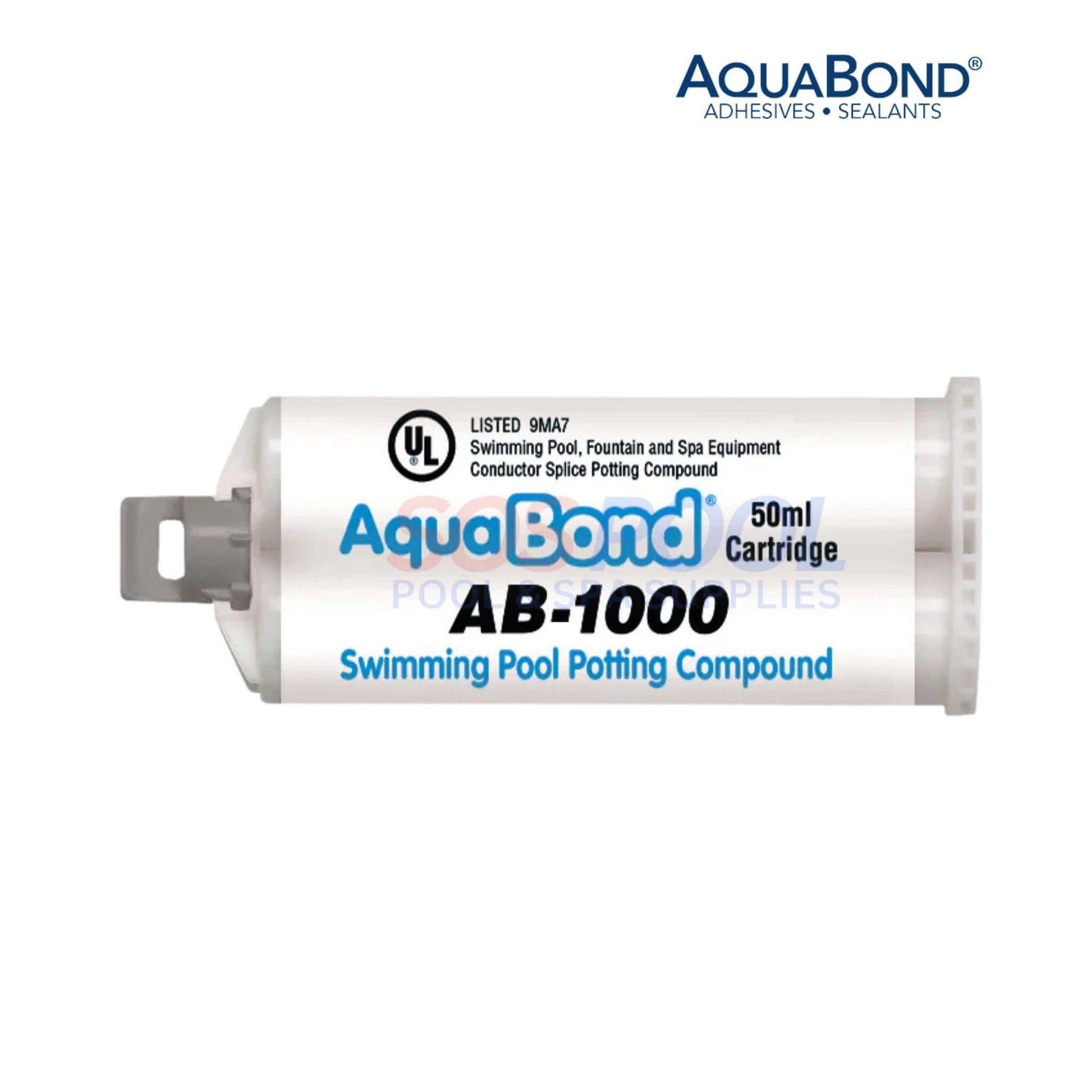 Aquabond AB-1000 Wet Niche Potting Compound cartridge (50ml) for pool light bonding, aqua blue, UL listed, SOS Pool supplies.