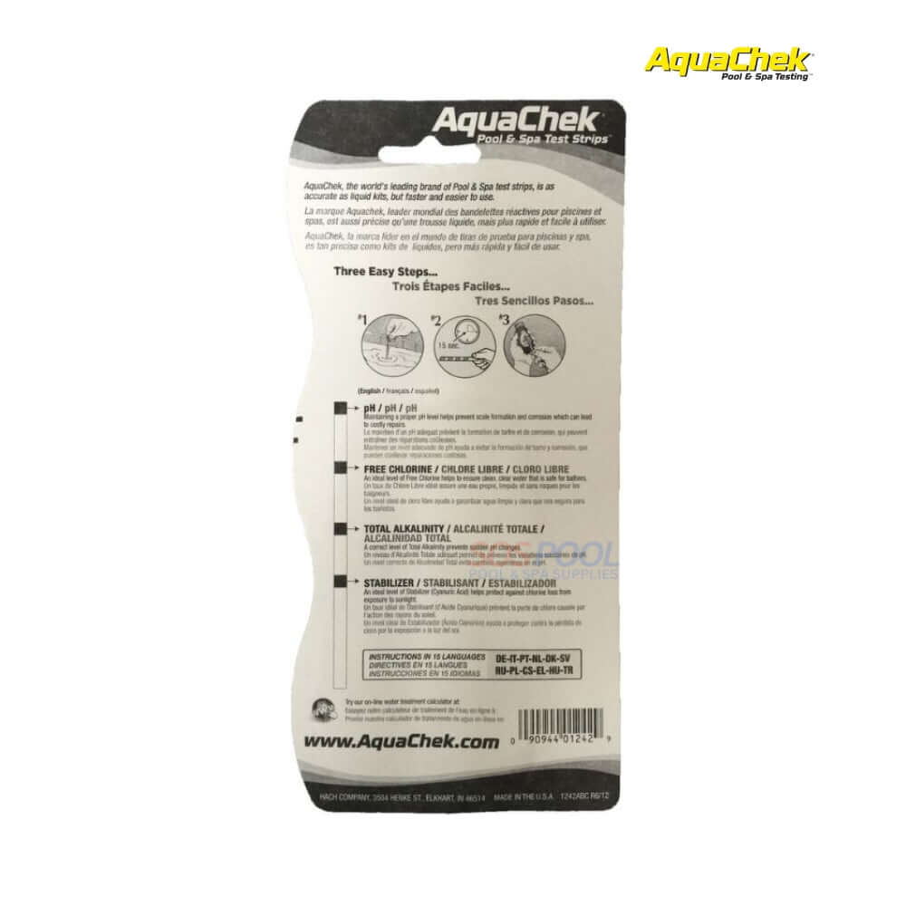 AquaChek Yellow Chlorine 4-In-1 Test Strips back packaging showing easy steps for testing pool water chemistry - SOS Pool.