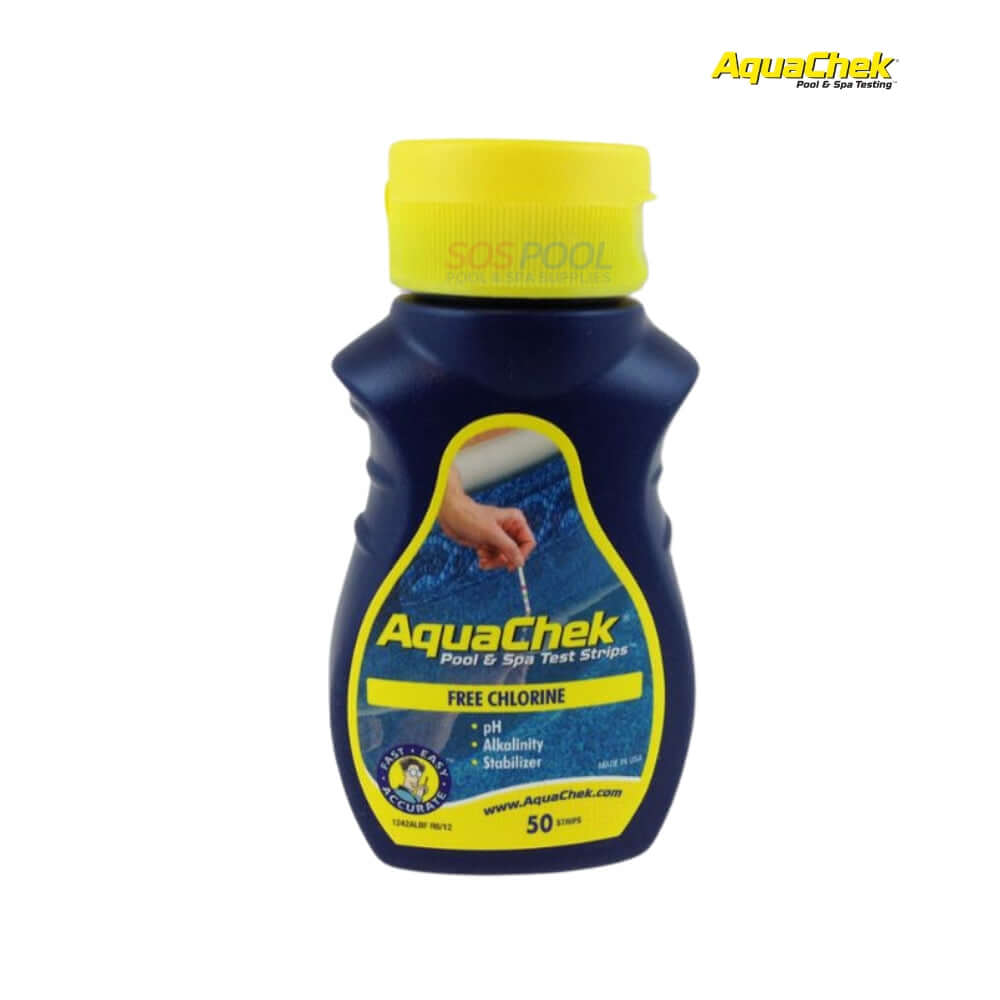 AquaChek Yellow Chlorine 4-In-1 Test Strips for pools; tests chlorine, pH, alkalinity, cyanuric acid. 50 strips. SOS Pool.