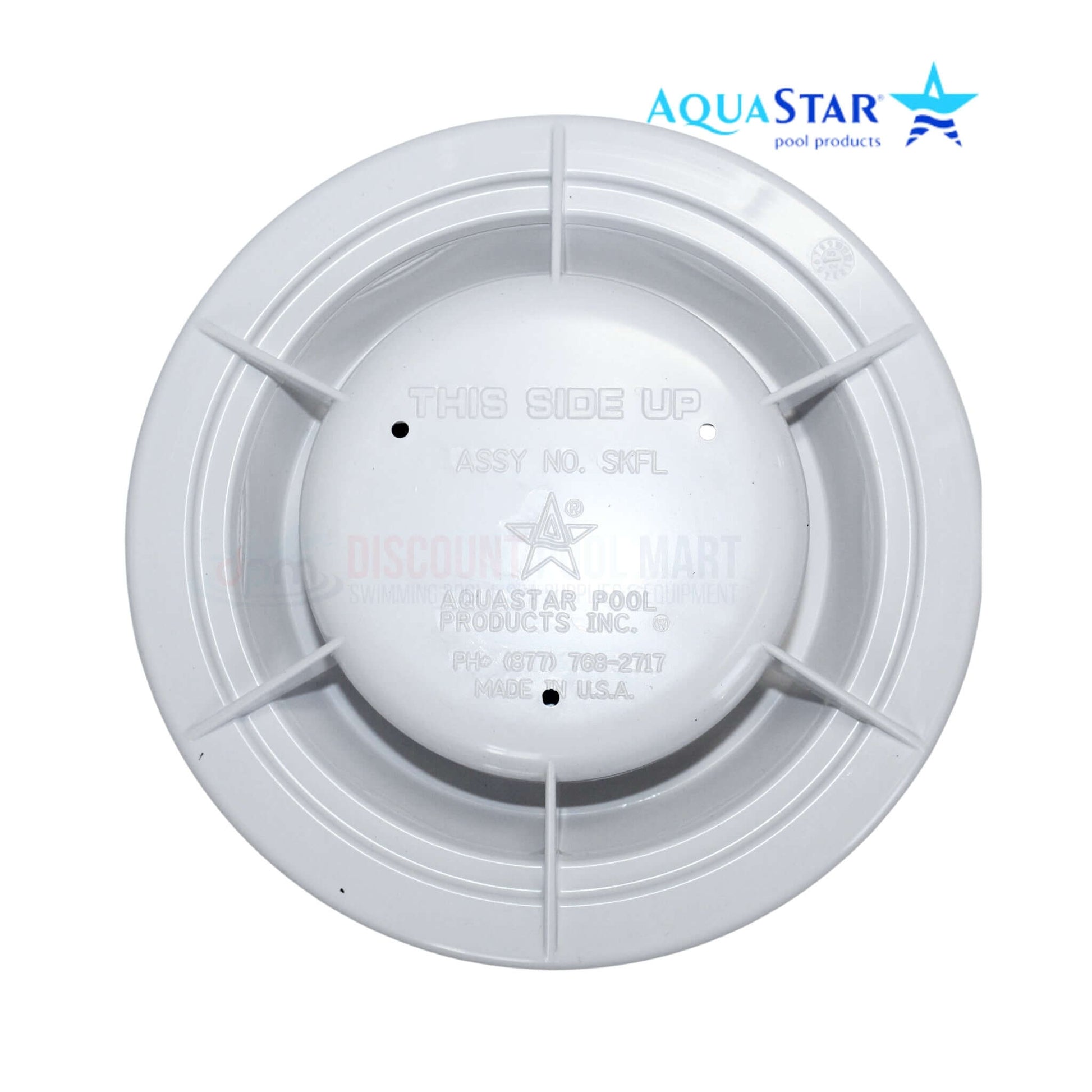 Aquastar SKAFL Skimmer Float Assembly in white, showing underside details, ideal replacement for SOS Pool supplies.