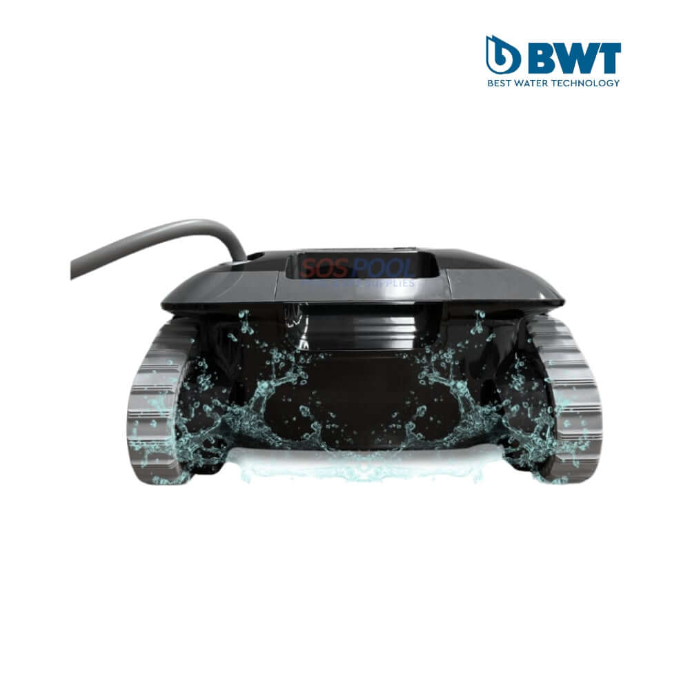 BWT Advanced Pro 250 Robotic Pool Cleaner with SOS Pool logo, showcasing effective cleaning technology and sleek design.
