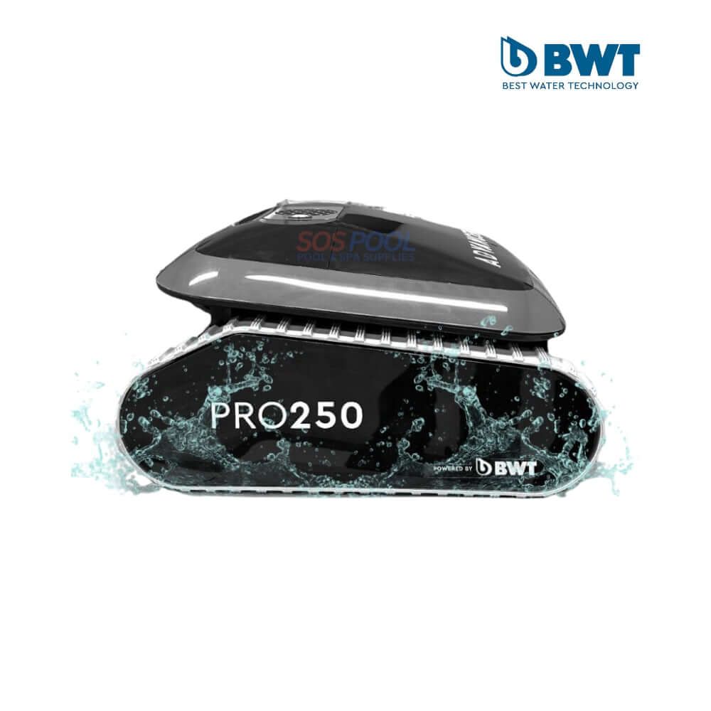 BWT Advanced Pro 250 Robotic Pool Cleaner with SOS Pool logo, designed for efficient cleaning of large pools.