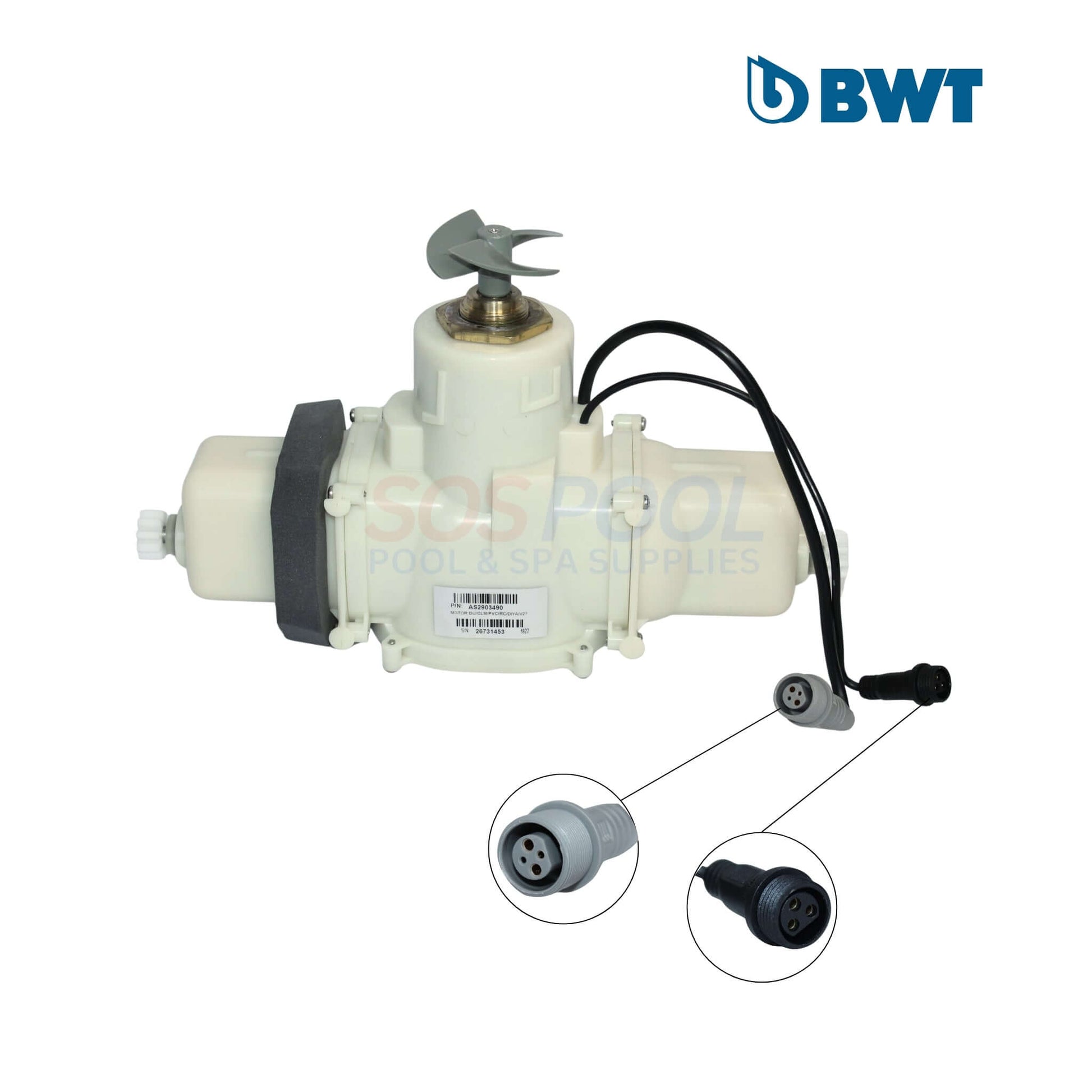 BWT D600 Robotic Cleaner Motor assembly for pool cleaning, dual-drive motors, featured in white with connectors, SKU: 123456. SOS Pool supplies.