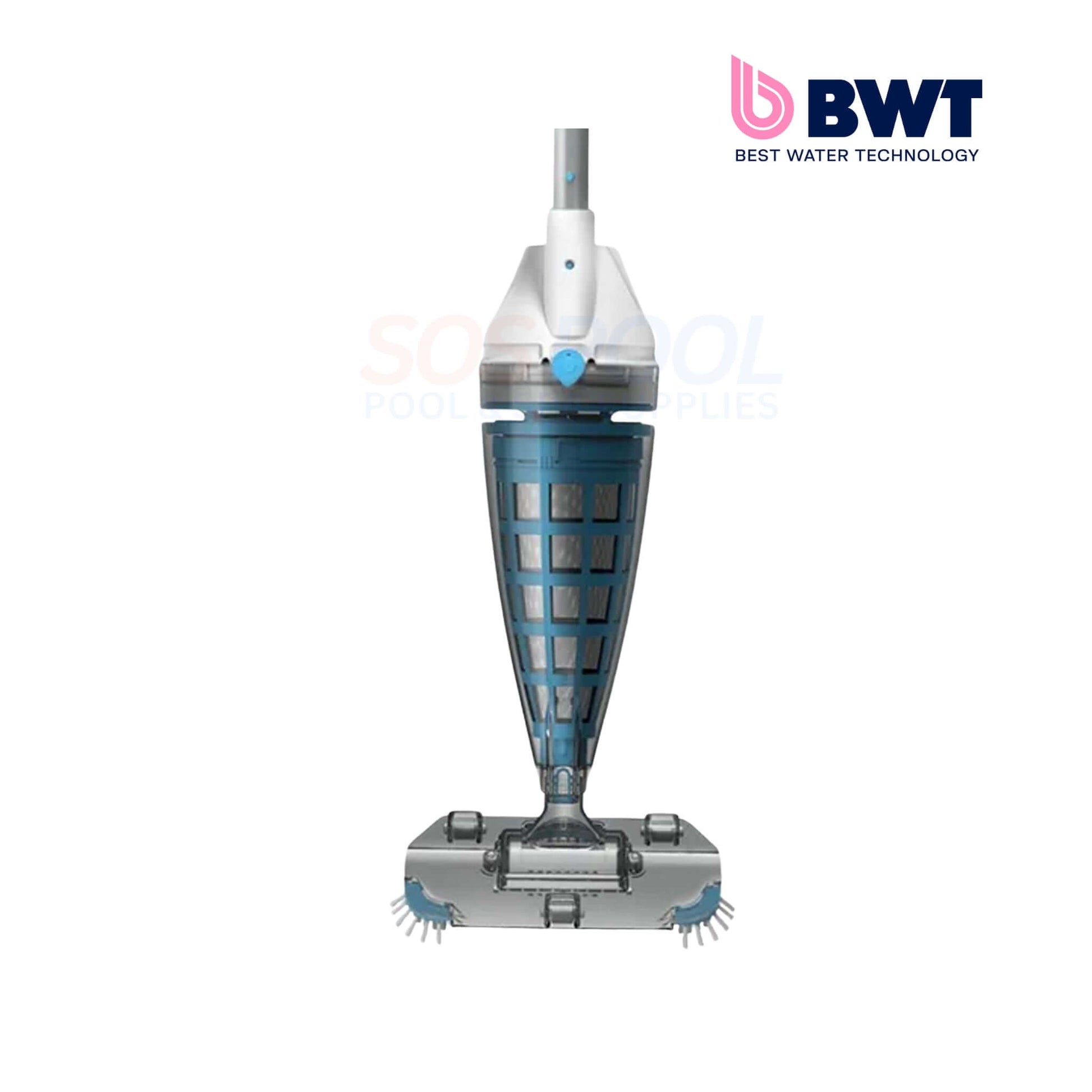 BWT PK X-Flow BC55 rechargeable pool vacuum in blue, ideal for cleaning medium to large pools, showcasing powerful suction.