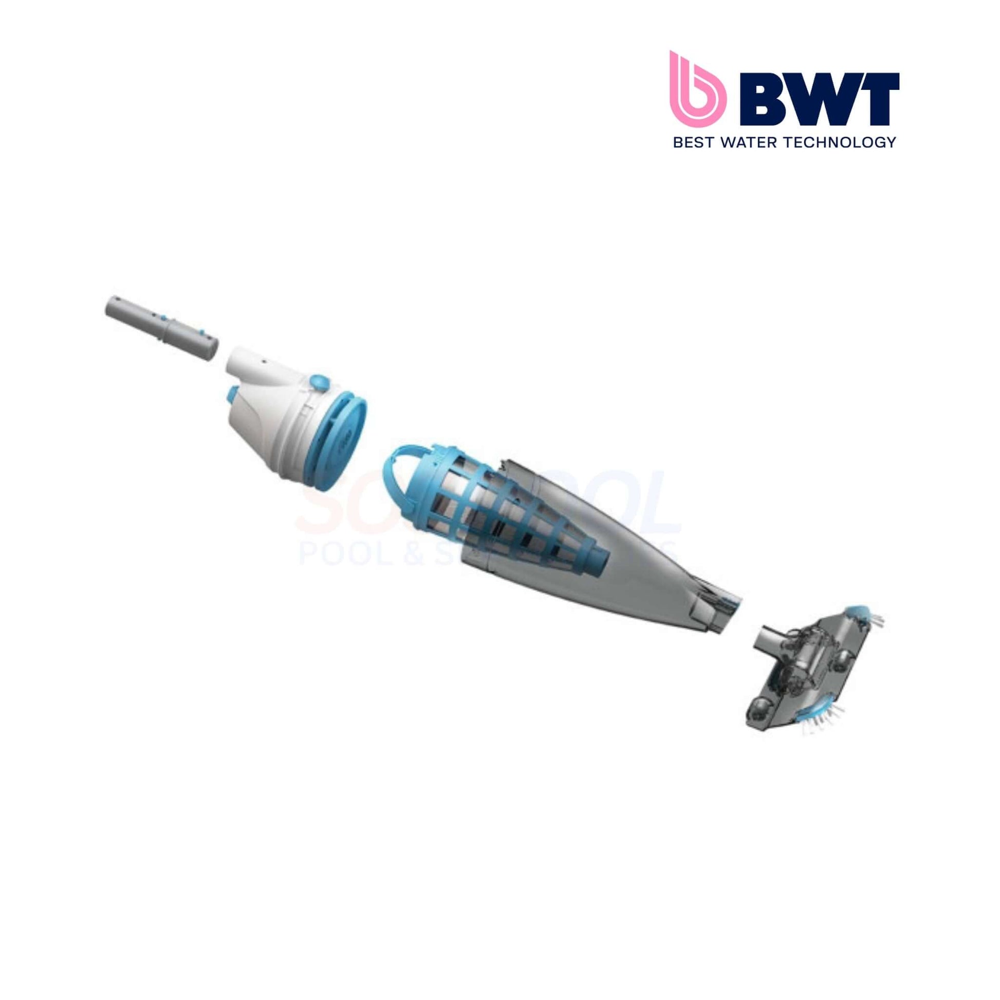 BWT PK X-Flow BC55 rechargeable pool vacuum parts, showcasing debris container and suction head for optimal pool cleaning.