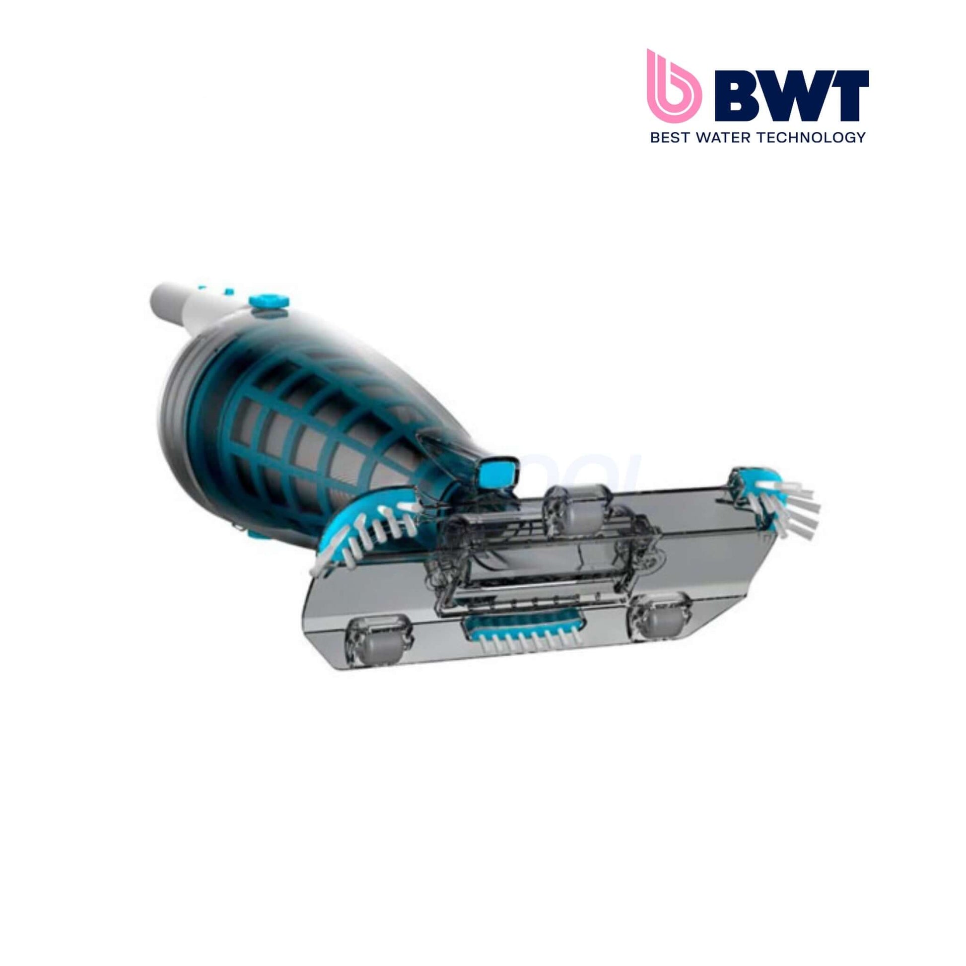 BWT PK X-Flow BC55 cordless pool vacuum in blue and clear, showcasing its debris container and suction features for optimal pool cleaning.
