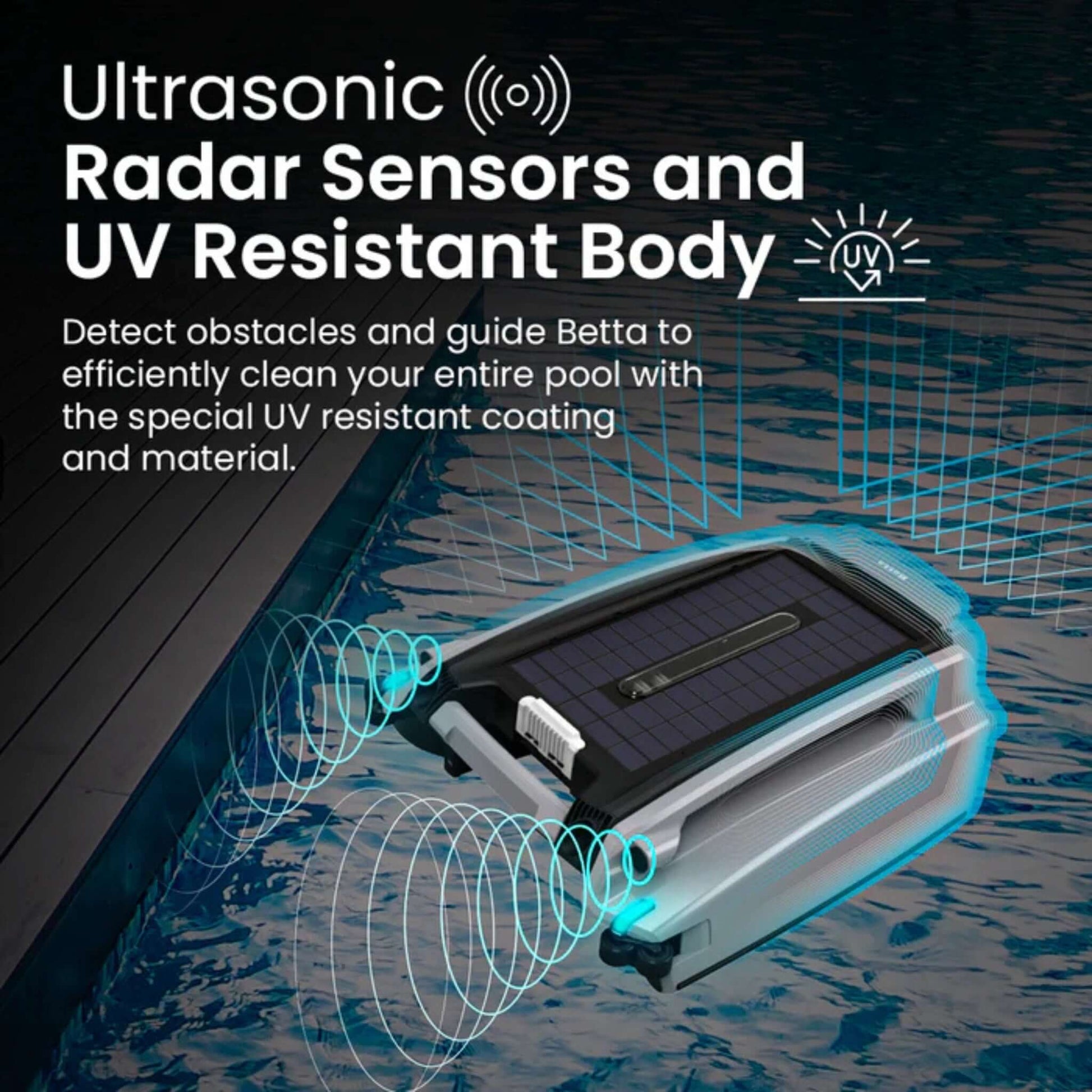 Betta SE Plus Solar Powered Smart Robotic Pool Skimmer with ultrasonic radar sensors and UV resistant body.