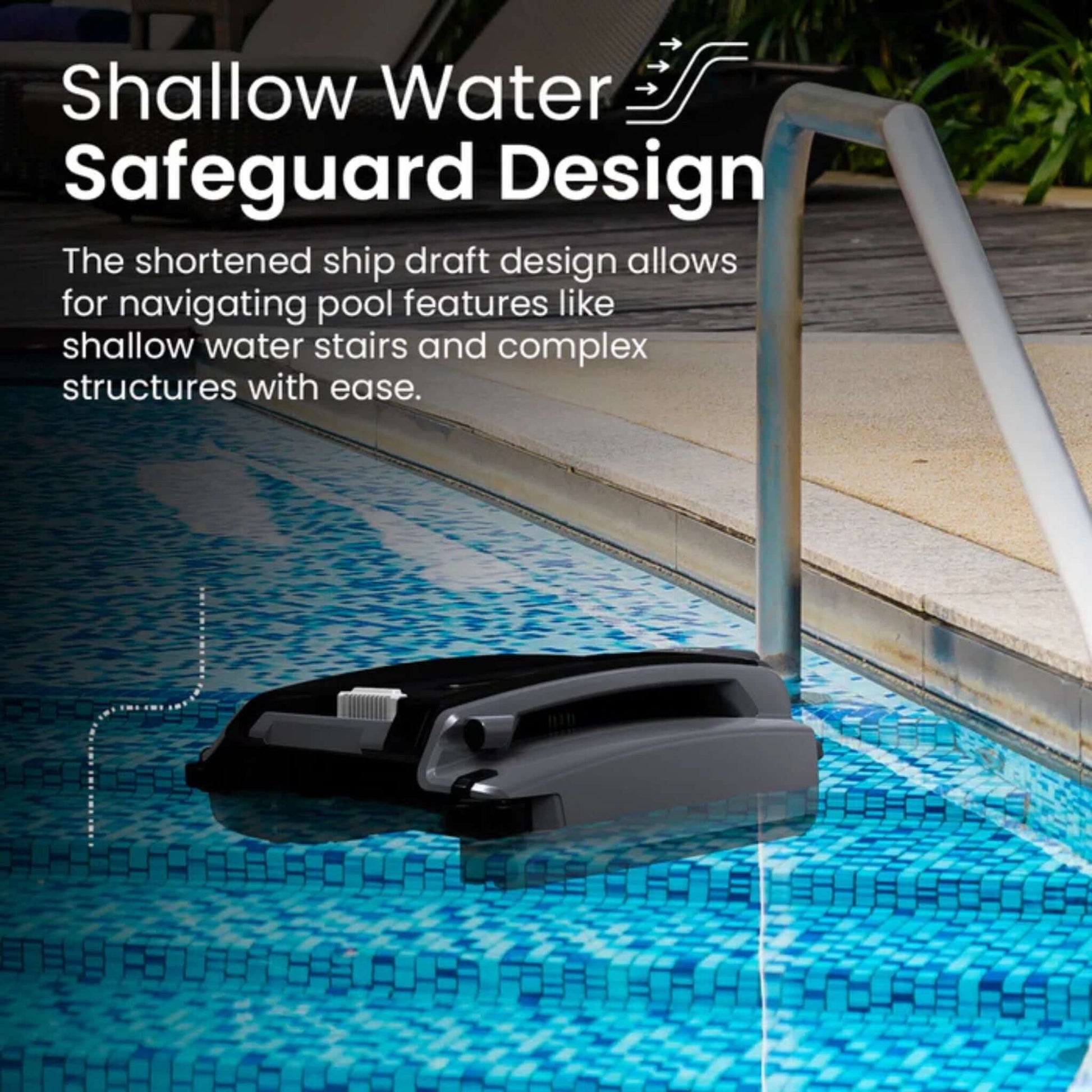Shallow Water Safeguard Design of Betta SE Plus Solar-Powered Pool Skimmer for easy navigation around pool features.