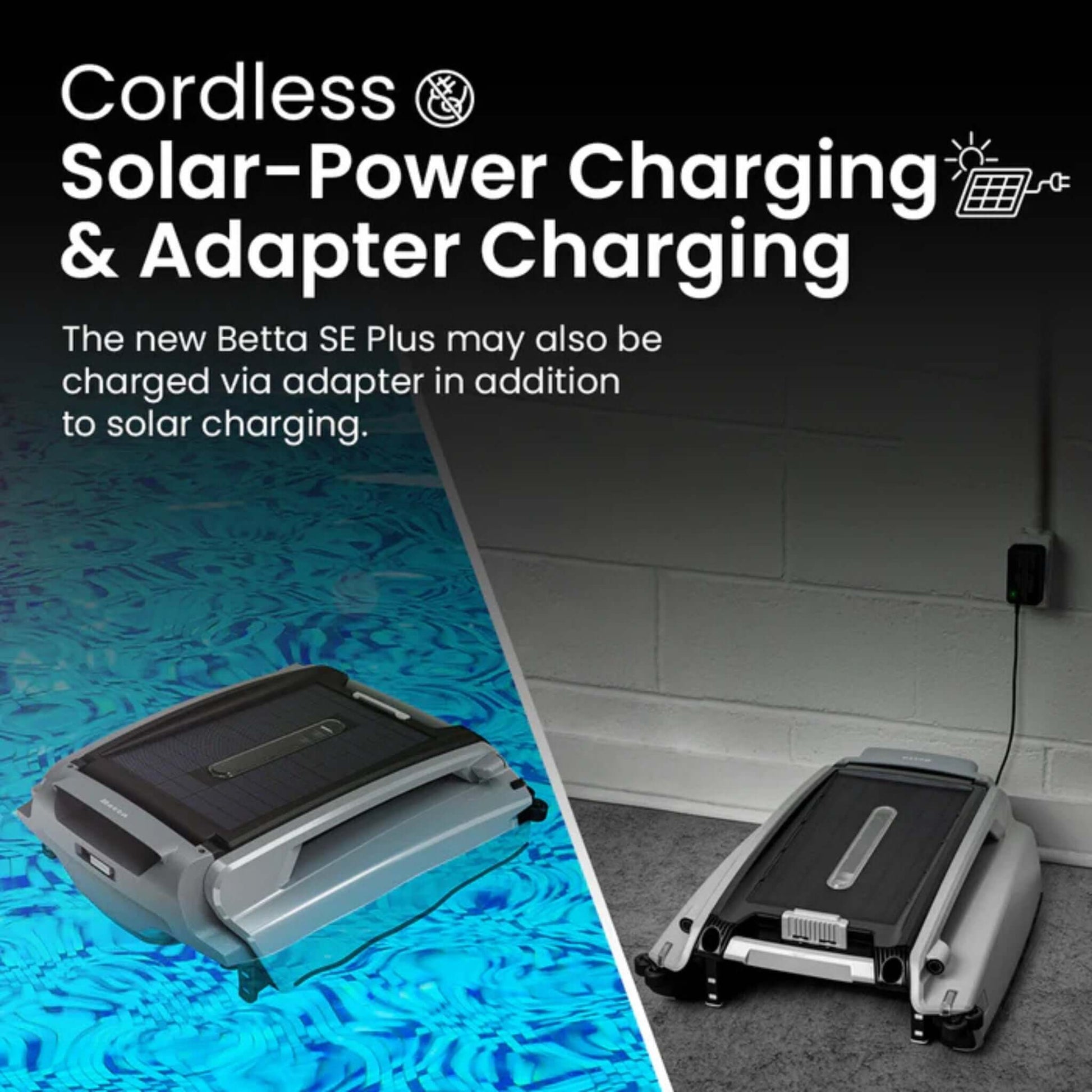 Betta SE Plus Solar Powered Smart Robotic Pool Skimmer showcasing cordless solar and adapter charging capabilities.