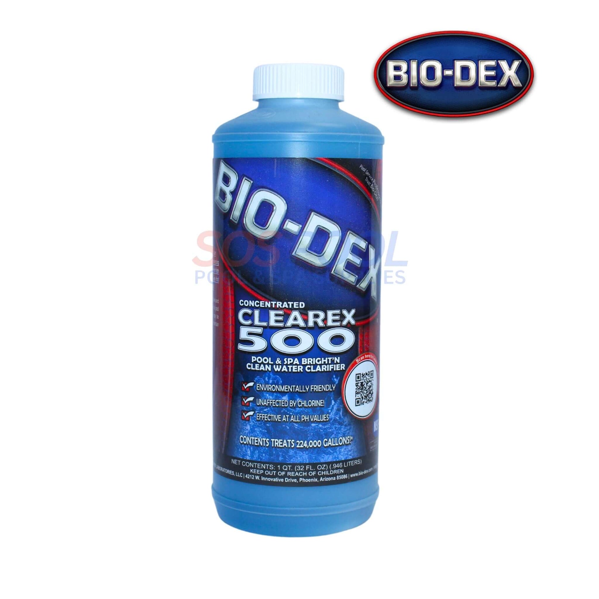 Bio-Dex Clearex 500 Water Clarifier 1 qt for pools & spas, clears water quickly, treats 224,000 gallons, SOS Pool.