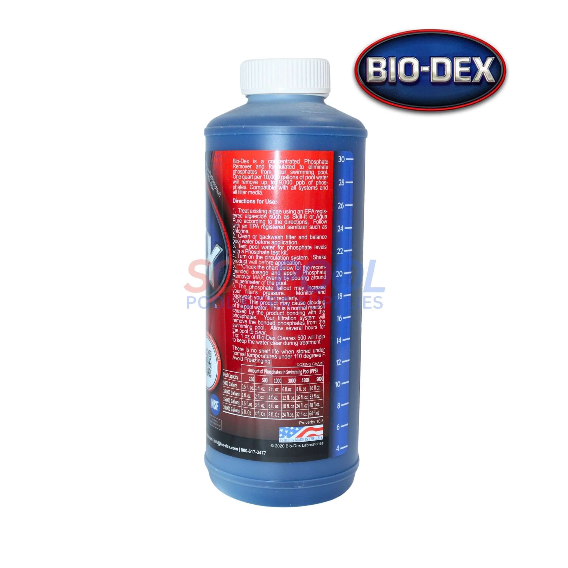 Bio-Dex Phosphate Remover Plus 32oz bottle for SOS Pool, instantly removes phosphates to prevent water discoloration.