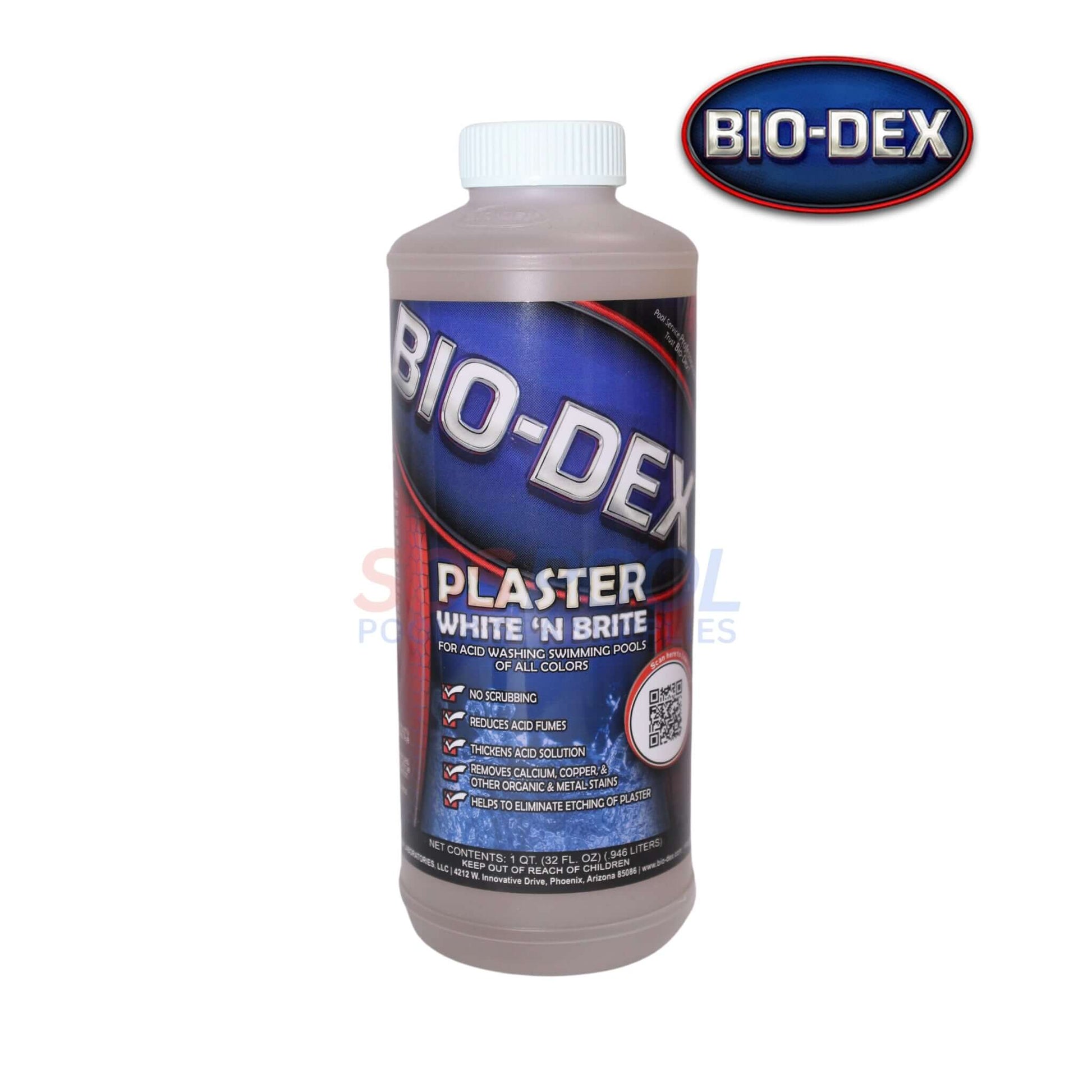 Bio-Dex Plaster White 'N Brite Acid Wash 32oz PWB32, effective for SOS Pool acid washing, reduces fumes, adheres to surfaces.