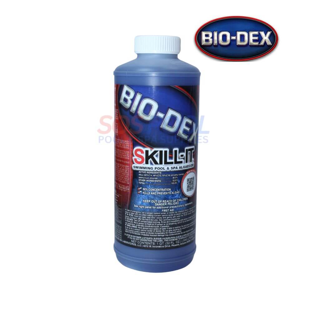 Bio-Dex Skill-It Pool Algaecide 32 oz SK132 for effective black, mustard, and green algae treatment; safe for SOS Pool use.