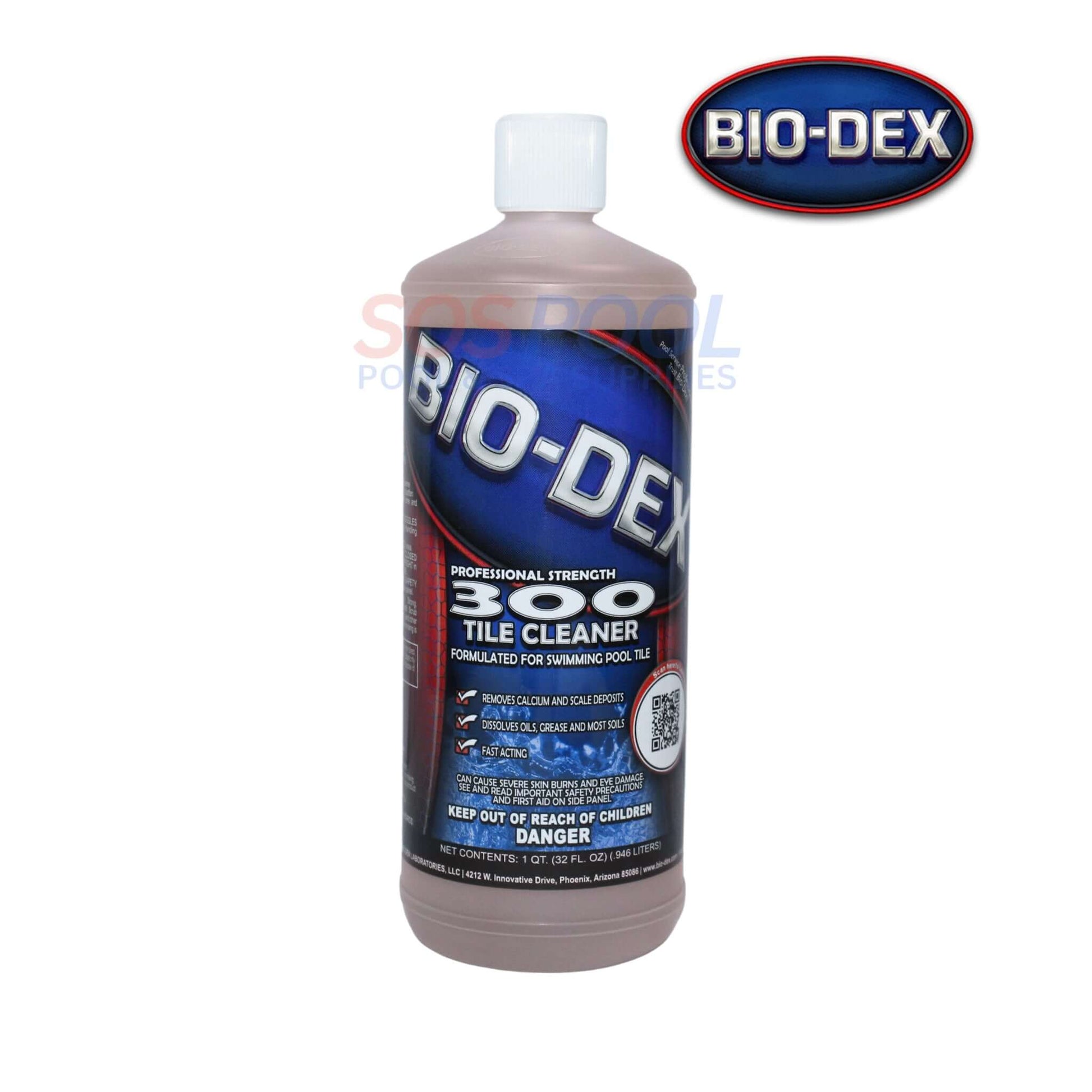 Bio-Dex Swimming Pool Tile Cleaner 300, 32 oz, SOS Pool, removes calcium deposits and grease, ideal for pool tiles.