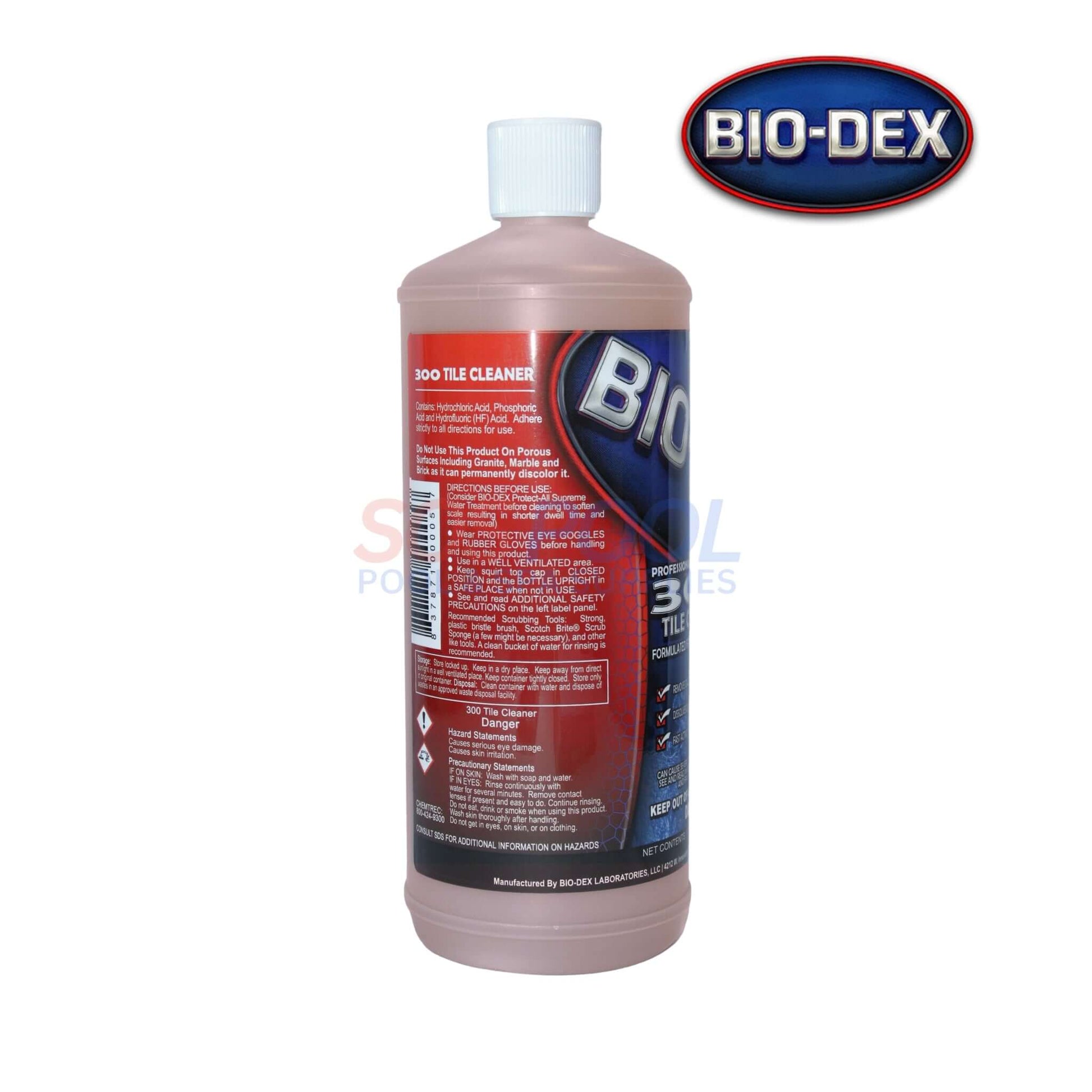 Bio-Dex Swimming Pool Tile Cleaner 300, 32 oz bottle, effective for calcium, oil, and grease removal. SOS Pool.