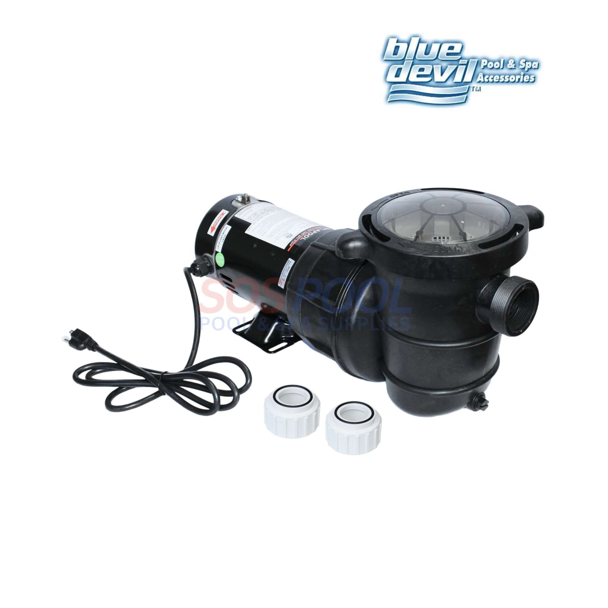 Blue Devil B8375 0.75HP above ground pump with 1.5" union connection, durable, 115V, SOS Pool.