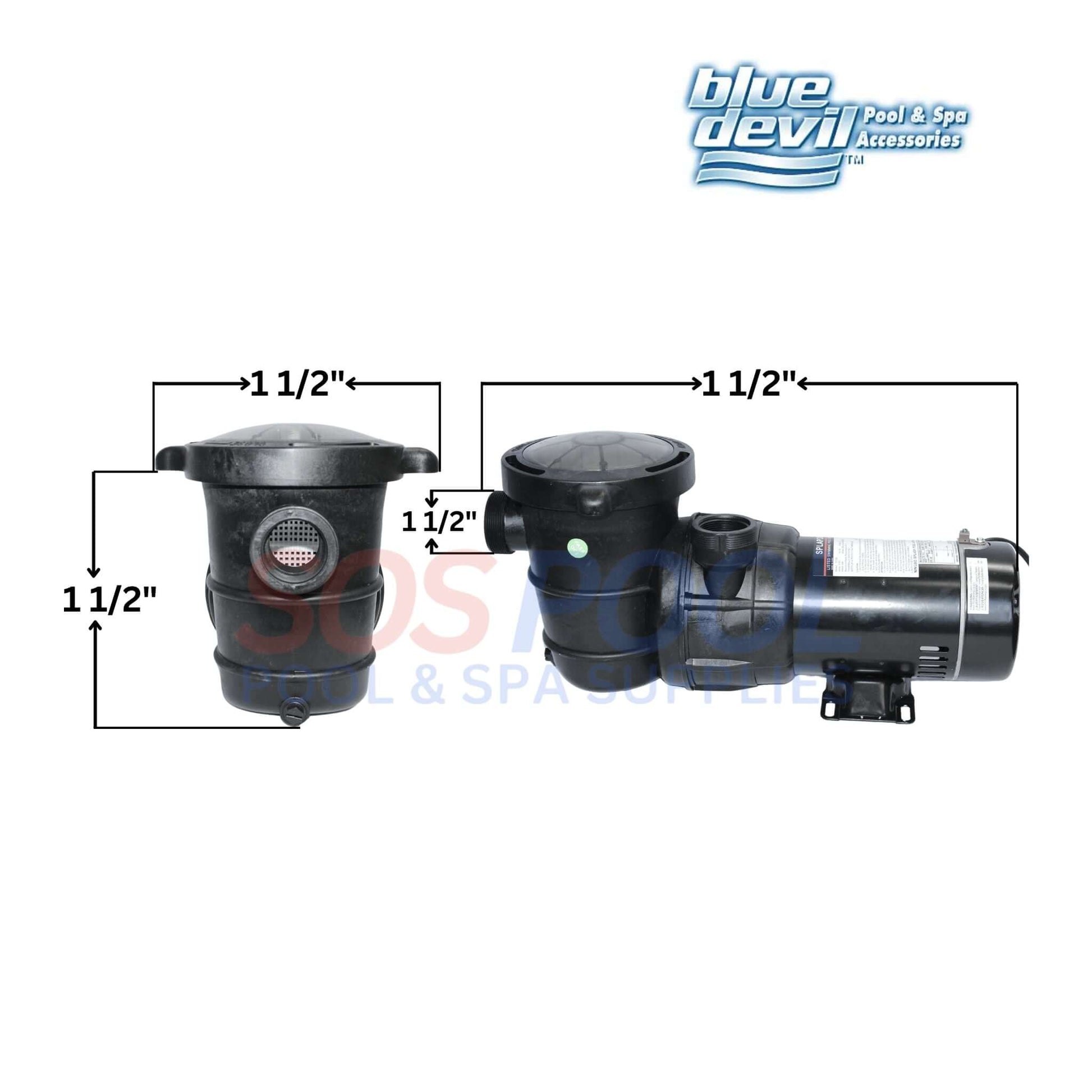 Blue Devil Above Ground Pump B8375 with dimensions marked, designed for efficient pool water circulation by SOS Pool.