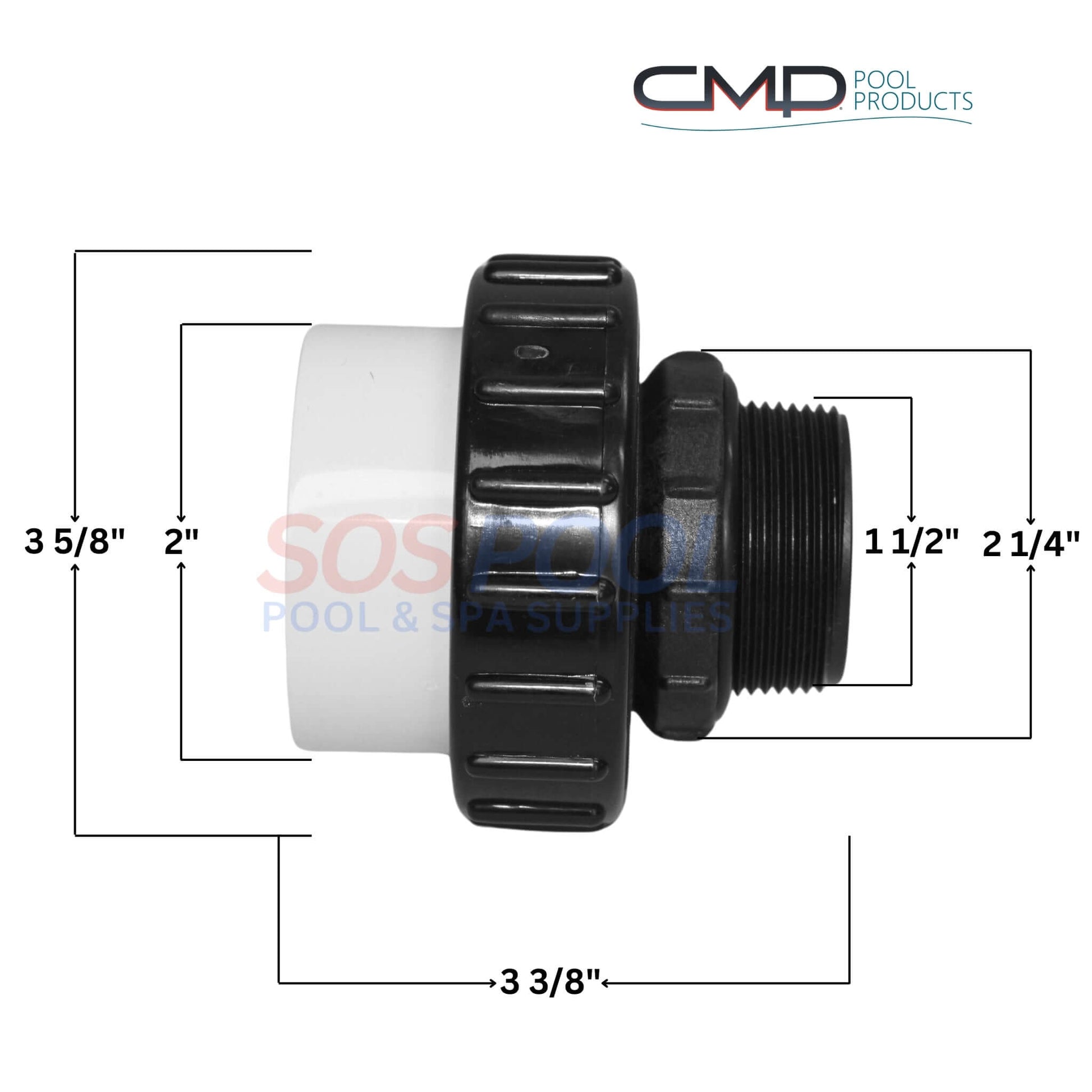 CMP Hi Temp PVC Threaded Union dimensions with labels for SOS Pool. 1.5" x 2" durable connections for high-temperature use.