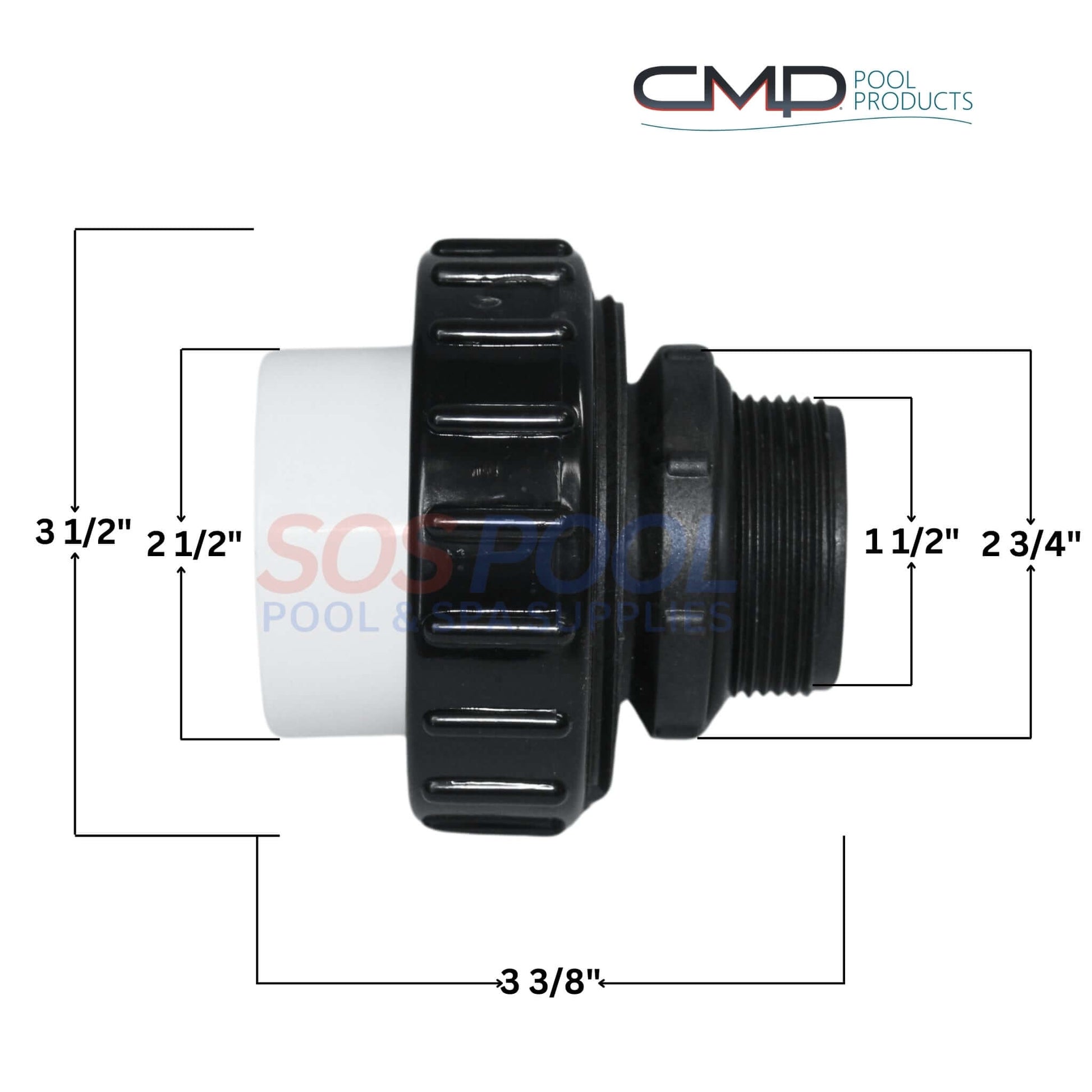 CMP Hi Temp PVC Threaded Union 1.5" x 1.5" with dimensions for pool plumbing by SOS Pool.
