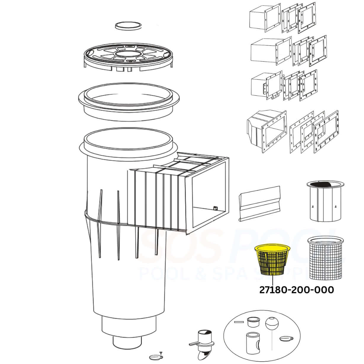 Exploded view of CMP Skimmer Basket 27180-200-000, compatible with Pentair Admiral S20, for efficient debris collection.