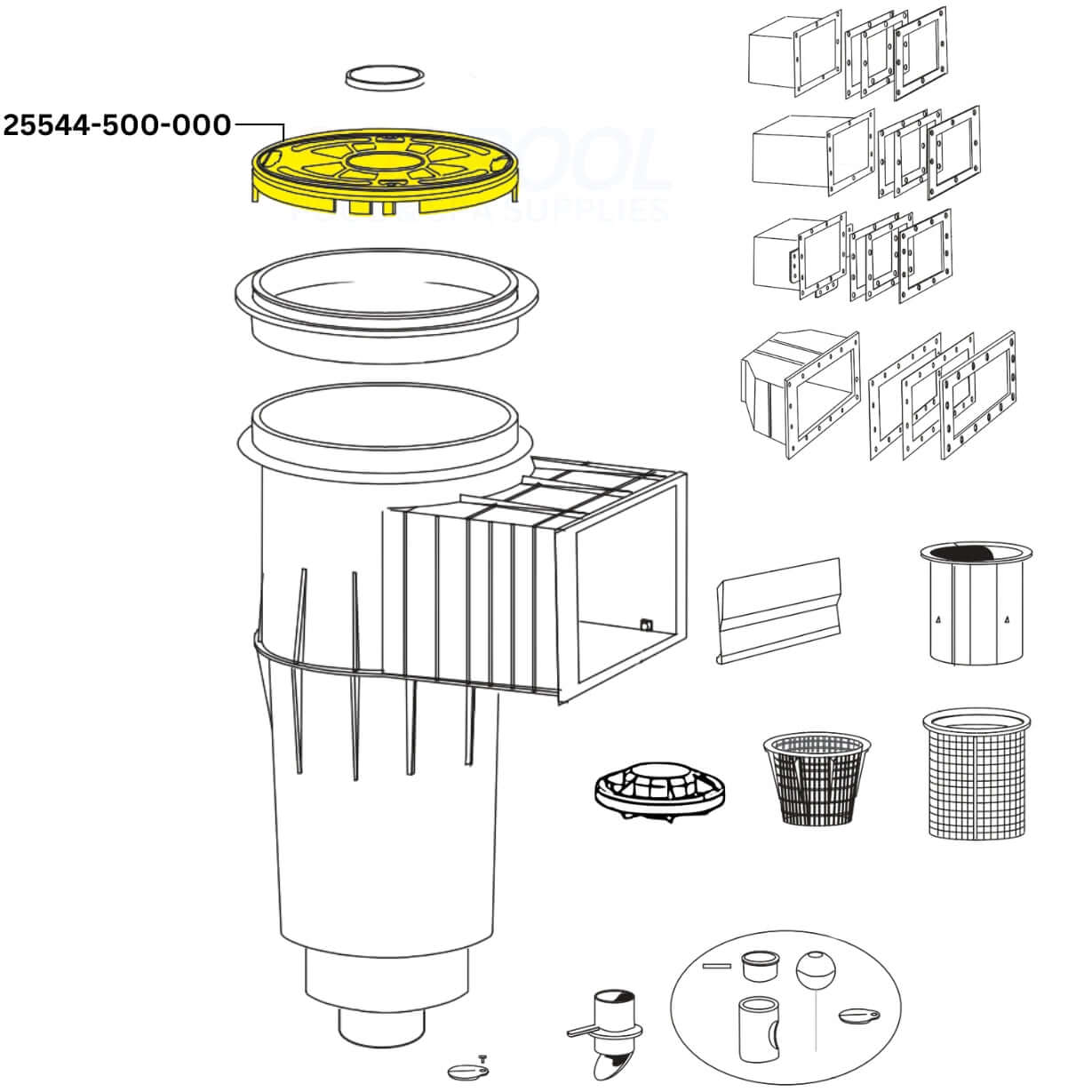 Illustration of CMP Skimmer Lid 25544-500-000 compatible with Pentair Admiral S20 for SOS Pool maintenance.