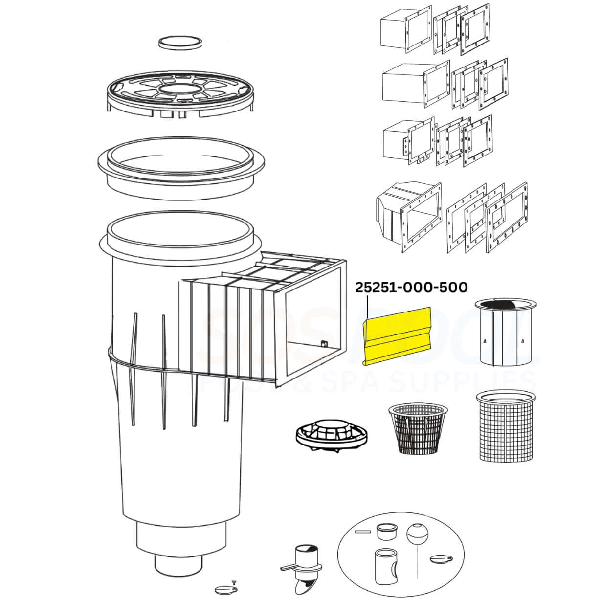 Exploded view of CMP Weir Flap for Admiral S20 Skimmers 25251-000-500, showing parts and assembly diagrams. SOS Pool.