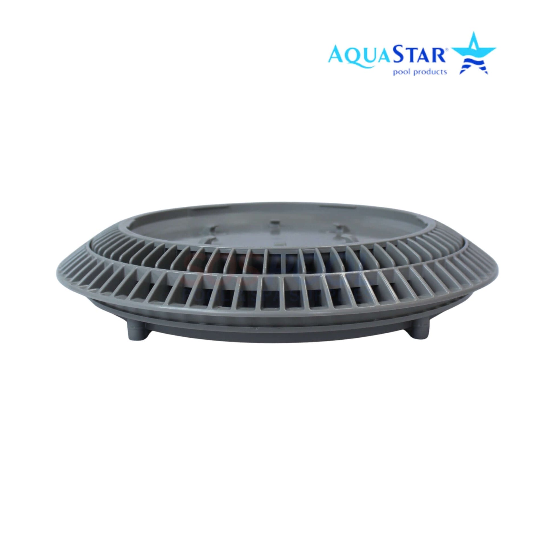 AquaStar 10" Round Suction Outlet Cover (CC10103) in gray, viewed from the side, perfect for pool safety and compliance.