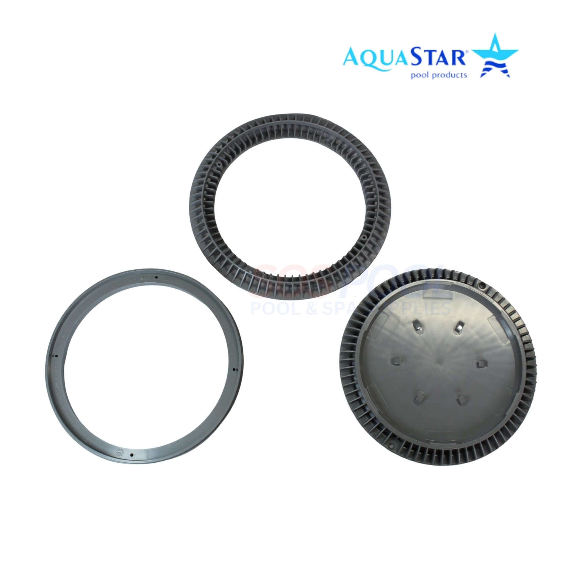 AquaStar 10" Round Suction Outlet Cover CC10103 in gray, showcasing 3 parts for SOS Pool safety. Ideal pool supplies for swimming pools.