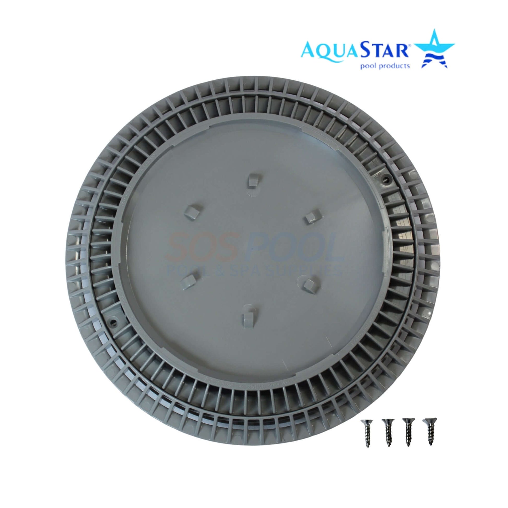 AquaStar 10" Round Suction Outlet Cover in gray (SKU: CC10103) with screws, designed for safety in pools and spas.