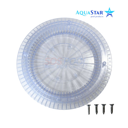AquaStar 10" Round Suction Outlet Cover CC10100 in clear, shown from above with screws, ideal for SOS Pool safety compliance.