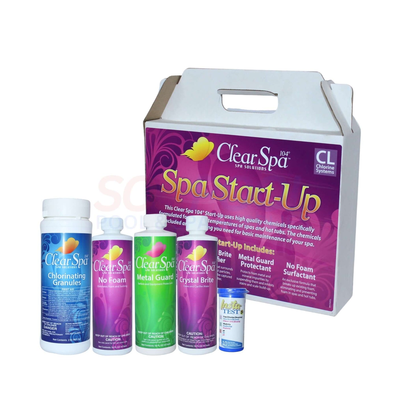 Clear Spa 104° Spa Start-Up chemical kit with Chlorinating Granules, No Foam, and Crystal Brite, ideal for hot tubs, SPASTARTCH.