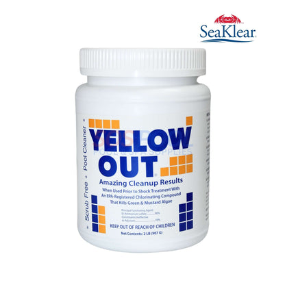 Coral Seas Yellow Out Algaecide 2lb container for fast algae removal from pools, effective with SOS Pool treatments.