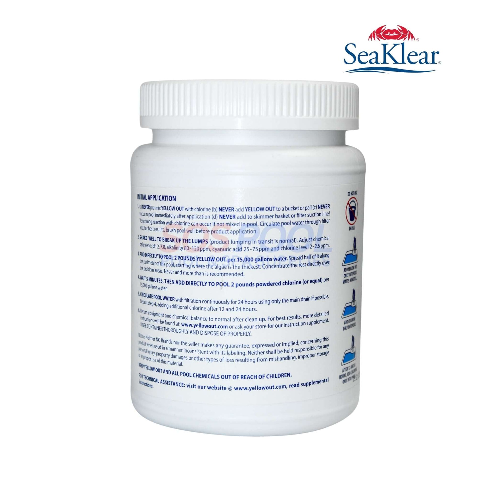 Coral Seas Yellow Out Algaecide 2lb by SeaKlear, effective against green and mustard algae in pools.
