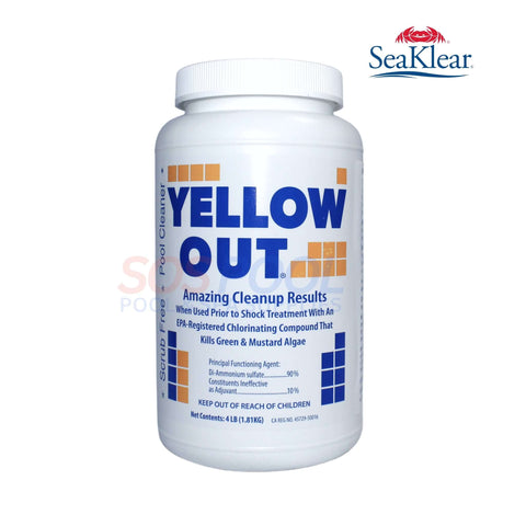 Coral Seas Yellow Out Algaecide 4 lbs, eliminates yellow algae, enhances chlorine shock effectiveness, safe for all pool surfaces.