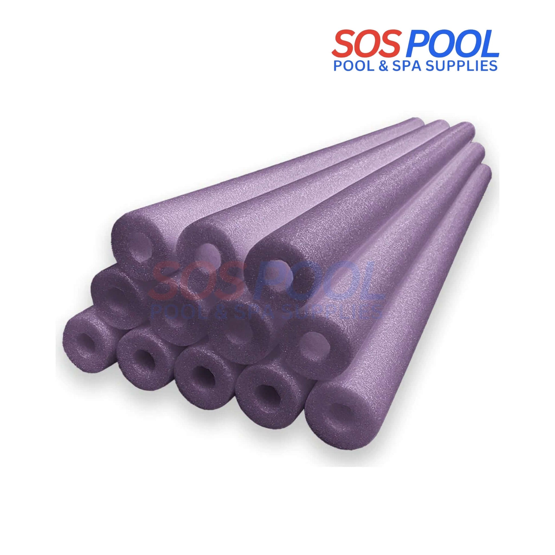 Deluxe Foam Swim Noodles | Orange | Black | Purple | 47" x 2.25" by SOS Pool, showing vibrant purple noodles stacked for pool use.