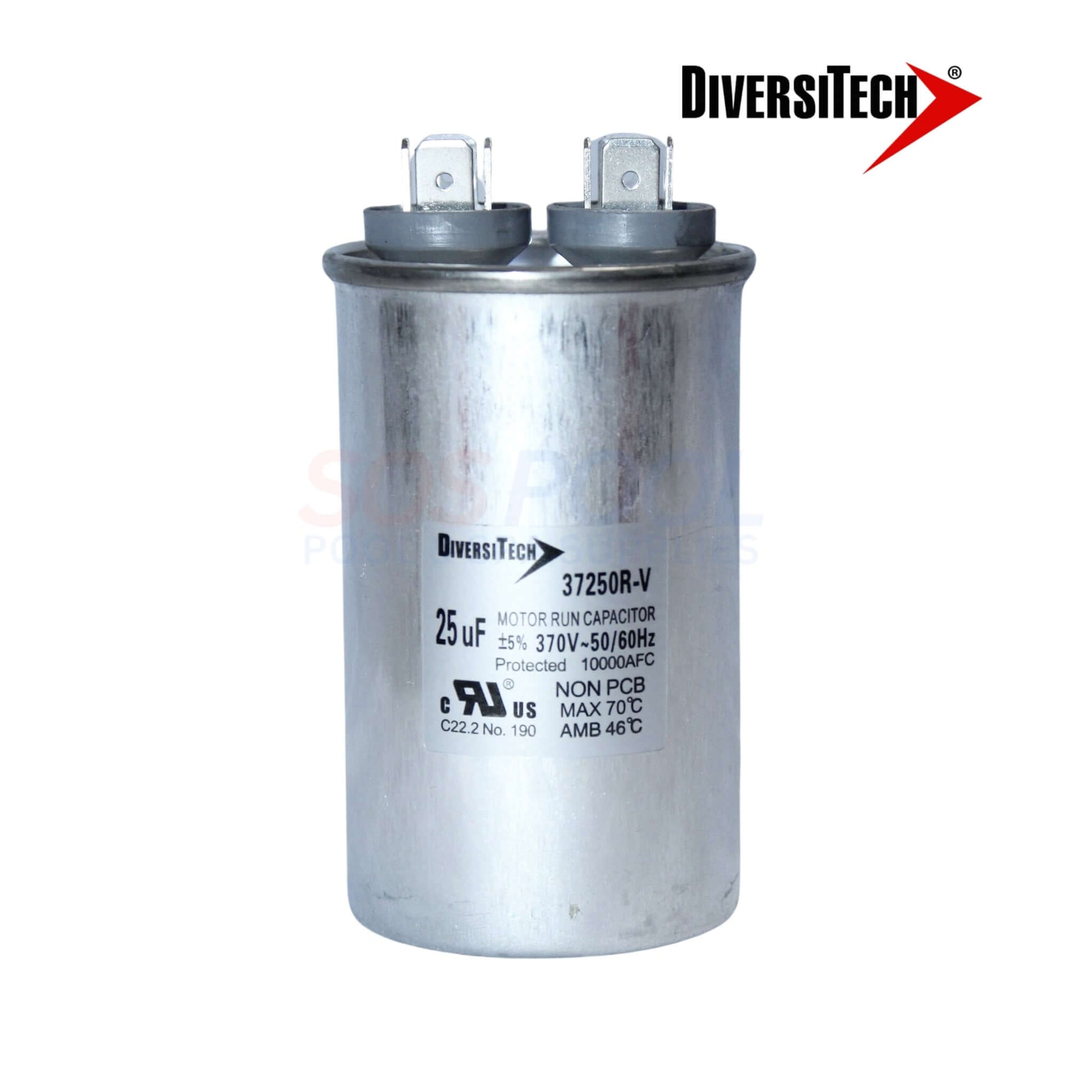 DiversiTech 37250R Motor Run Capacitor 25uF, oil-filled, for HVAC and pool supplies, featuring dual terminals.