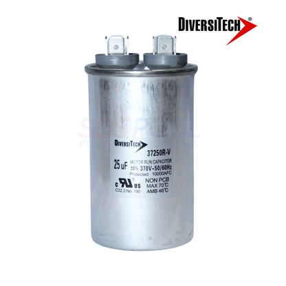 DiversiTech 37250R Motor Run Capacitor 25uF, oil-filled, for HVAC and pool supplies, featuring dual terminals.