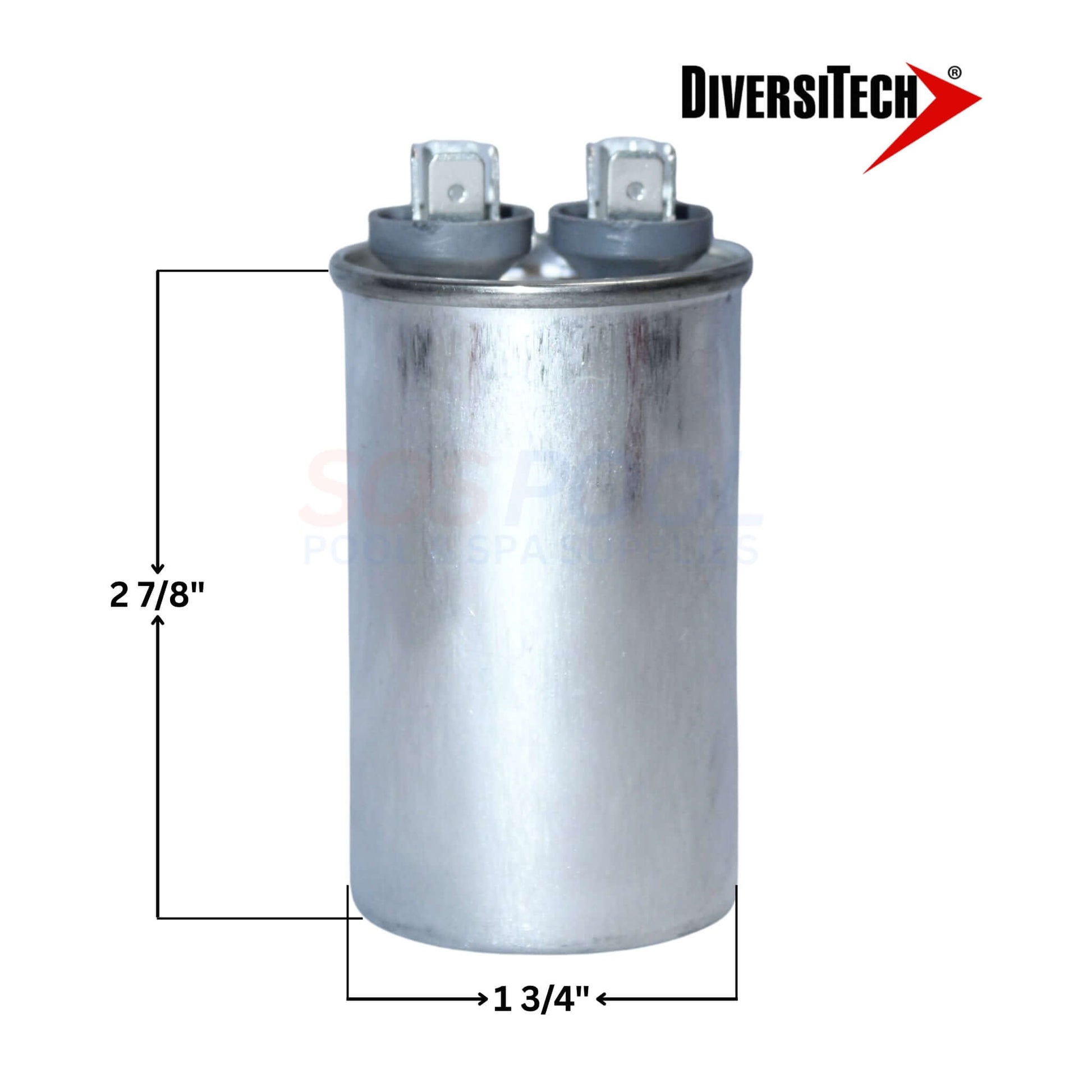 DiversiTech 37250R Motor Run Capacitor 25uF, silver round capacitor for HVAC & pool equipment, dimensions 2 7/8" x 1 3/4".