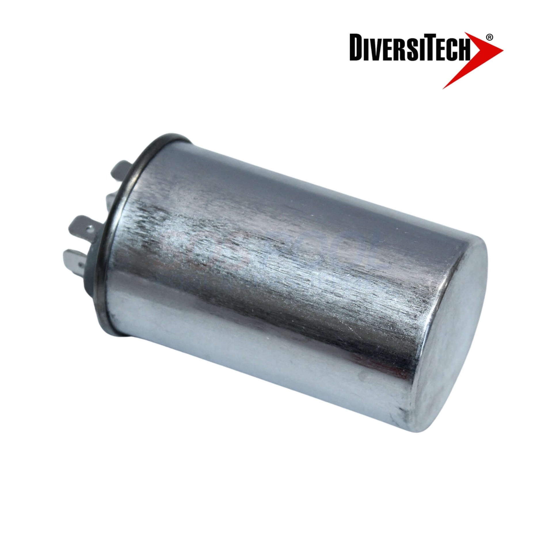 DiversiTech 37250R Motor Run Capacitor 25uF shown from side, metal casing, essential for HVAC and pool supplies.