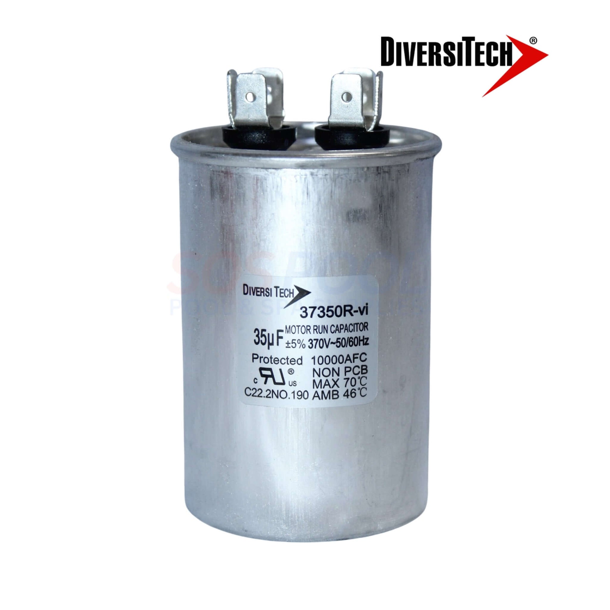 DiversiTech 37350R Motor Run Capacitor 35µF in silver metal canister, ideal for HVAC and pool systems, durable with quick-connect terminals.