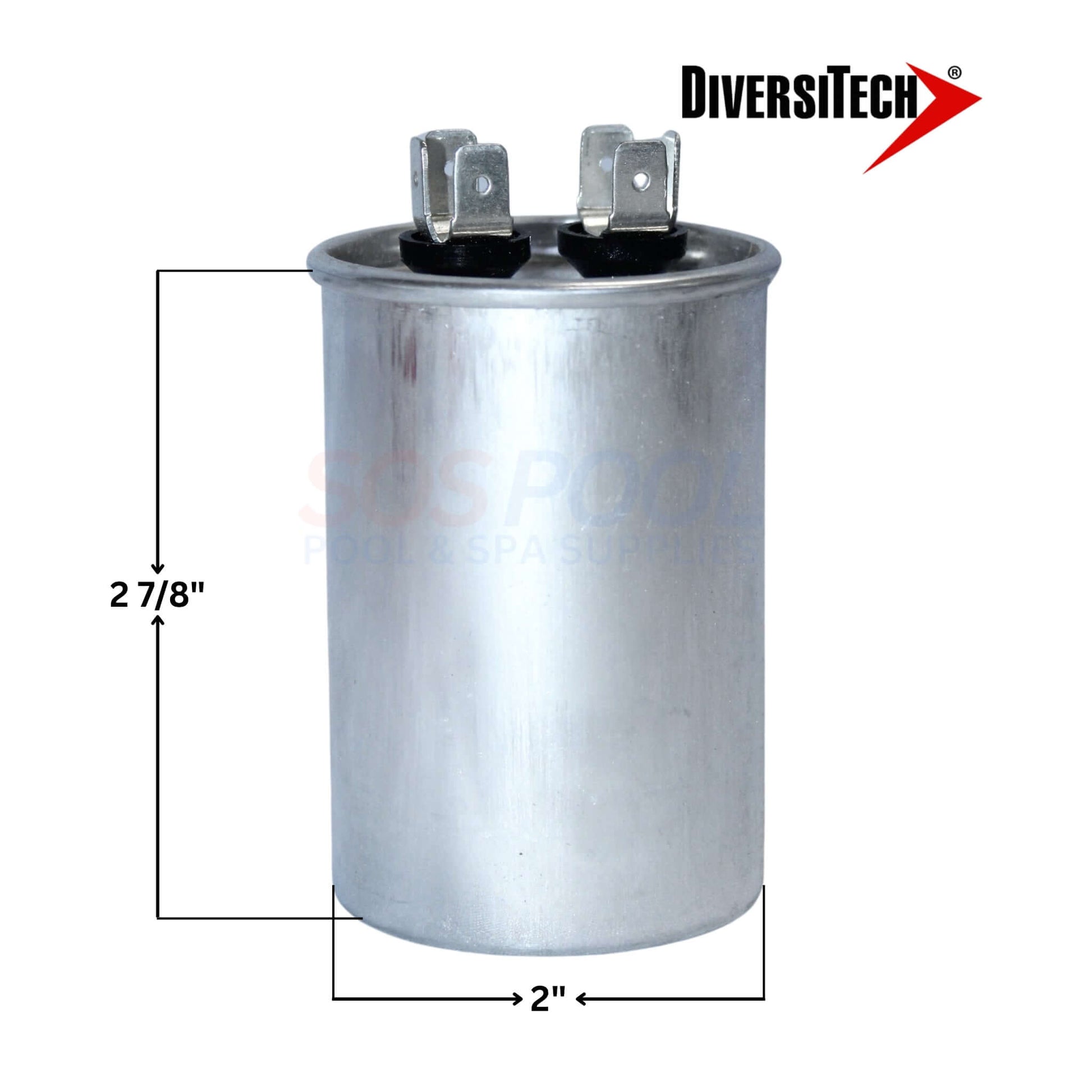 DiversiTech Motor Run Capacitor 35uF 37350R in metal canister, sized 2 7/8" x 2", for HVAC and pool supplies.