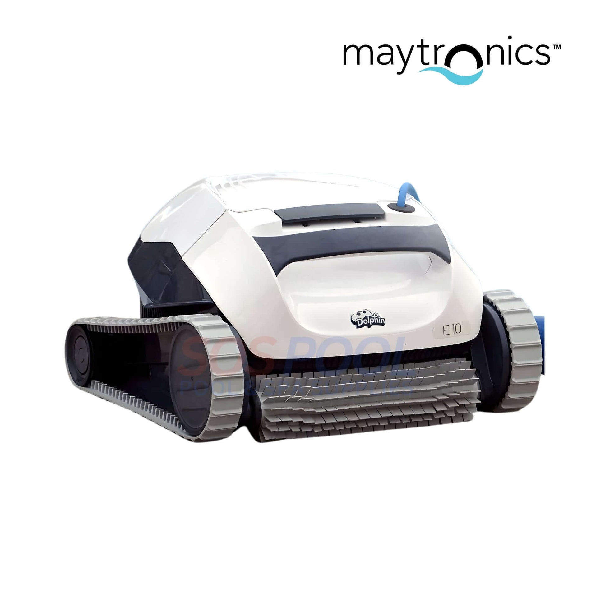 Dolphin | E10 Robotic Pool Cleaner | 99996133-USF in white, showcasing front view and tank design for easy pool cleaning.