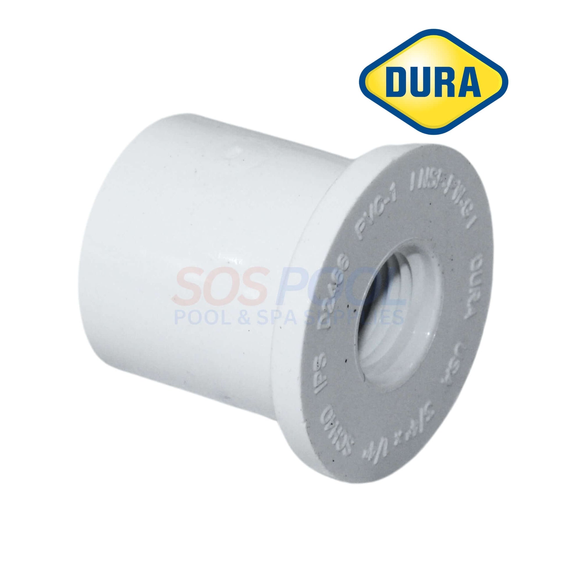 Dura Plastic Reducer Bushing 3/4" x 1/4" 438-098BC from SOS Pool, high-quality Schedule 40 PVC fitting.