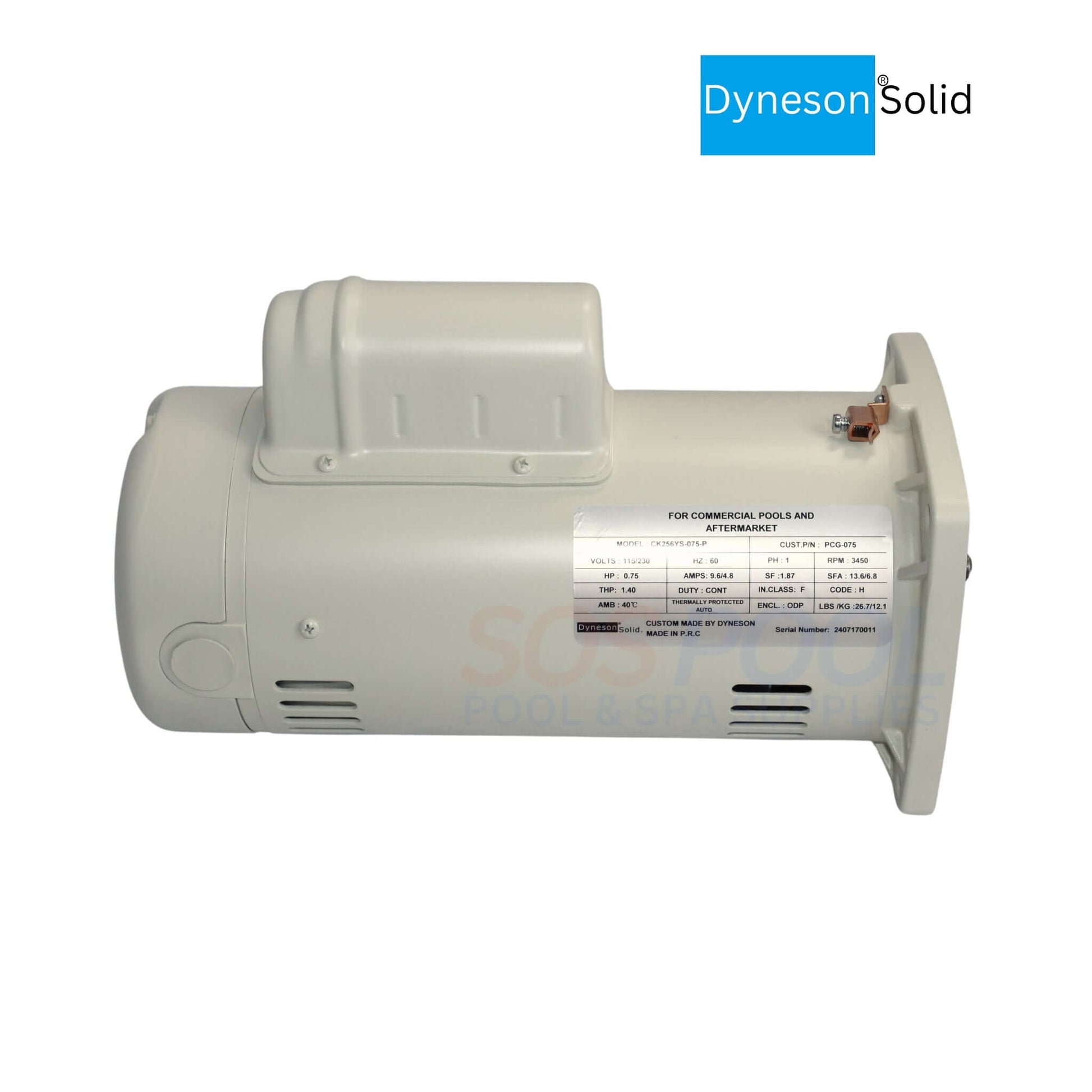 Dyneson 0.75 HP motor for SuperFlo and WhisperFlo pumps, durable design for SOS Pool applications.