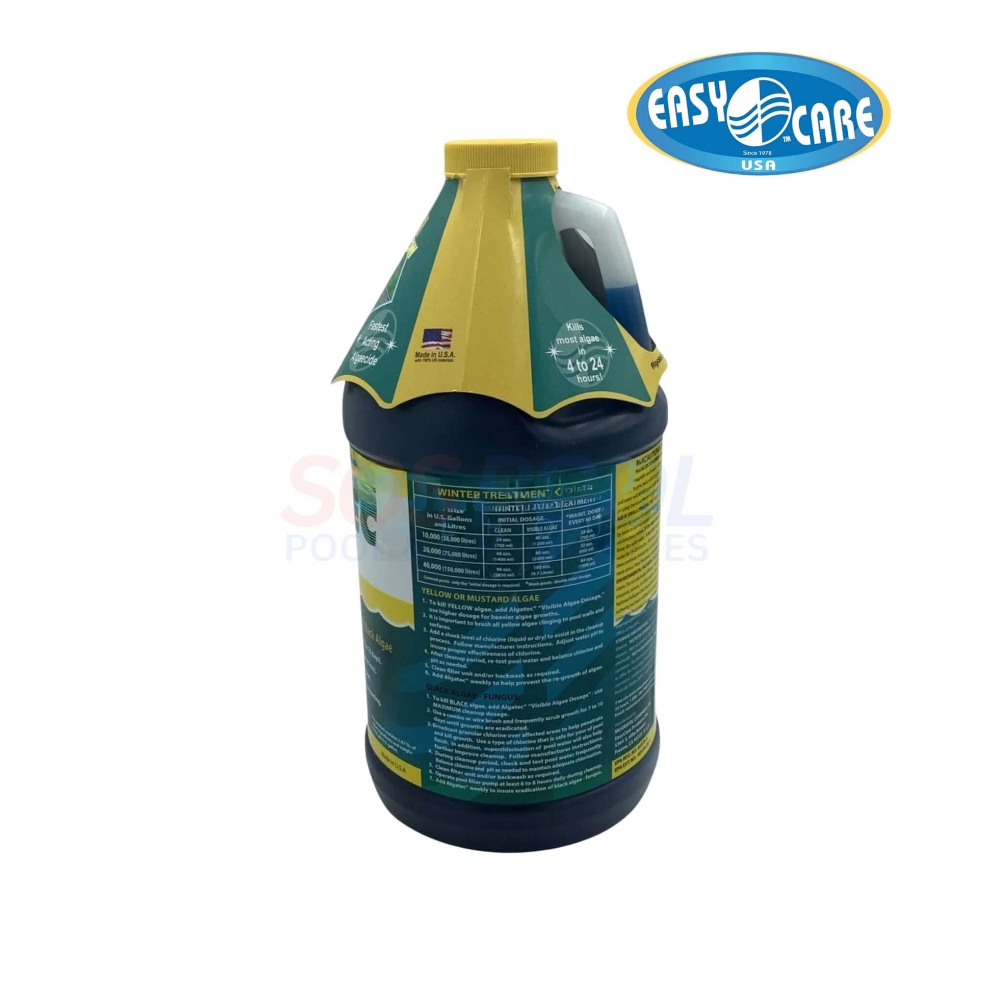 EasyCare AlgaTec Algaecide & Clarifier 64oz | 10064 bottle showing ingredients, green and blue design, perfect for SOS Pool maintenance.