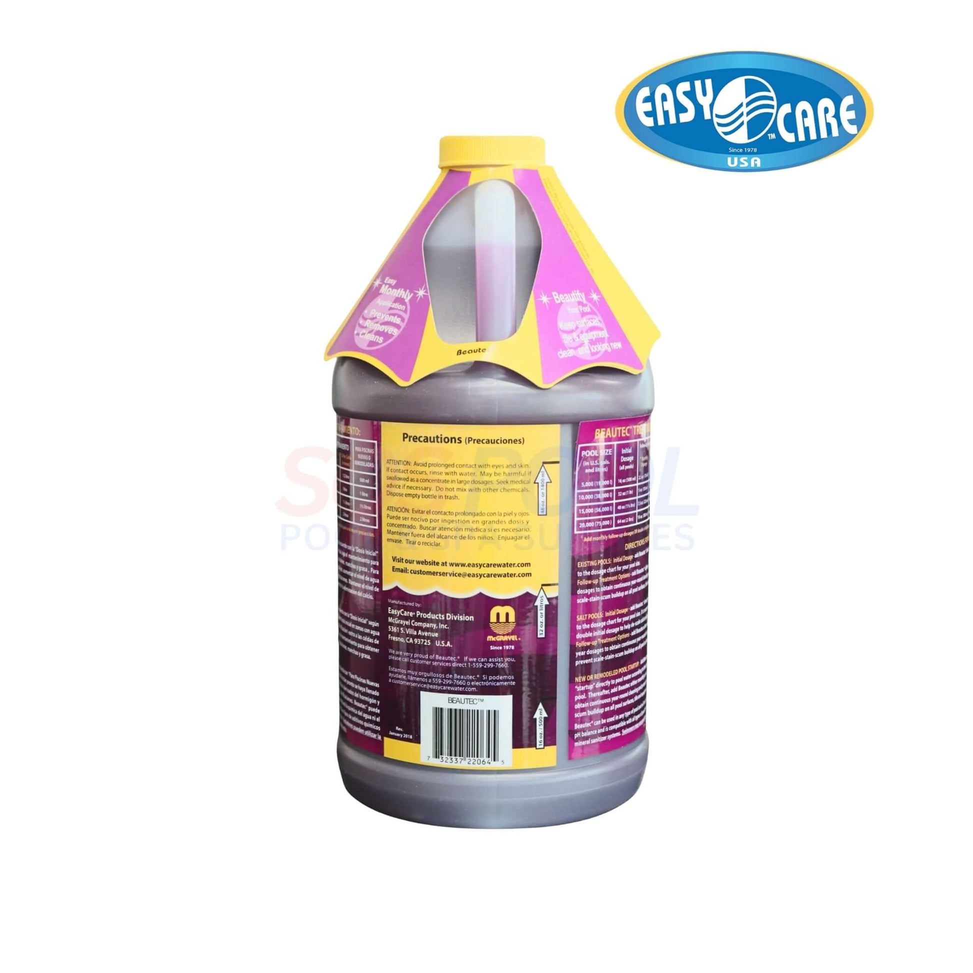 EasyCare Beautec Salt Cell & Tile Stain/Scale Cleaner 64oz | 22064 in bottle with yellow cap, ideal for SOS Pool supplies and swimming pool parts.