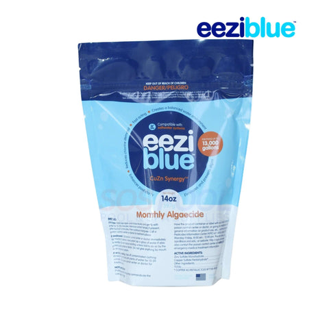 Eeziblue Monthly Algaecide 14oz package for SOS Pool, featuring Zn-Cu Synergy for algae prevention and water clarity.