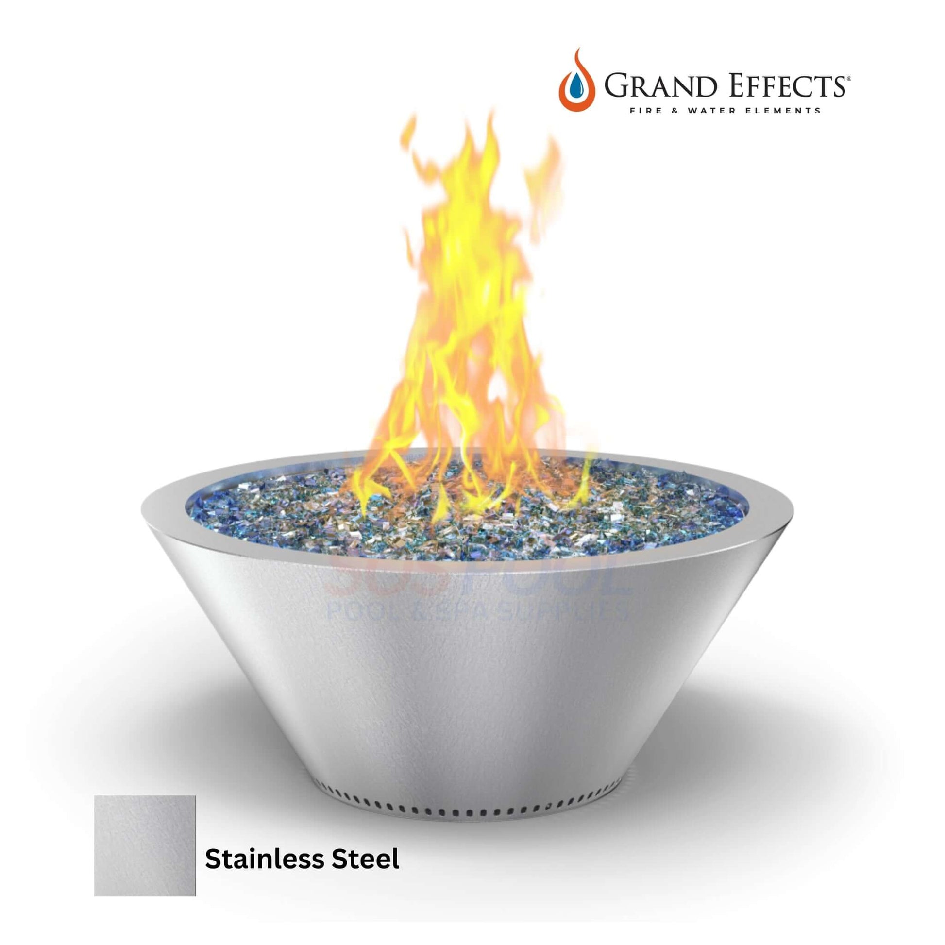 Grand Effects Essex Fire Bowl in Stainless Steel with flames and glass rocks | SOS Pool | SKU: EssexFB